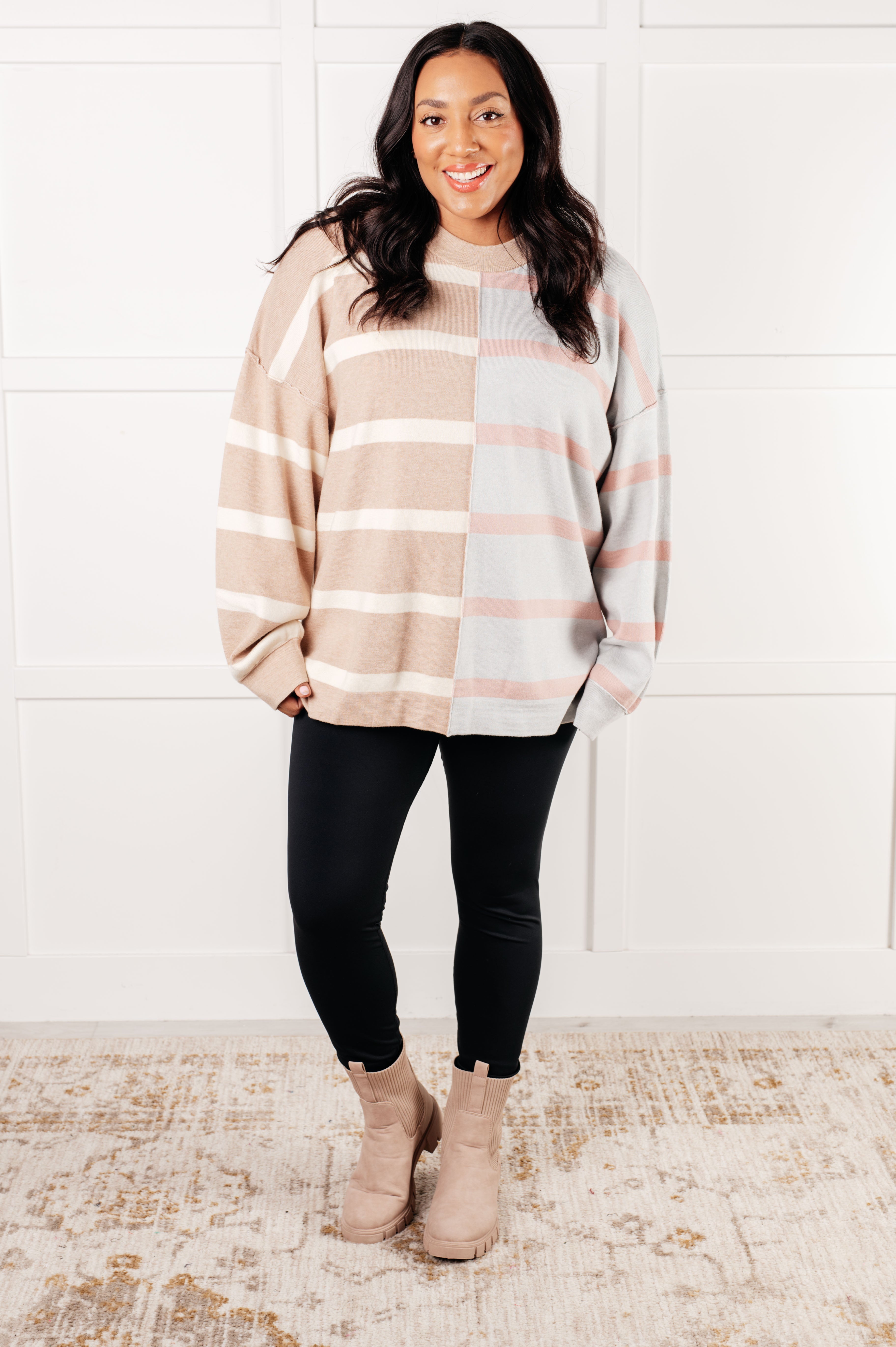 One Eleven North Exceptional Thought Striped Patchwork Sweater Tops