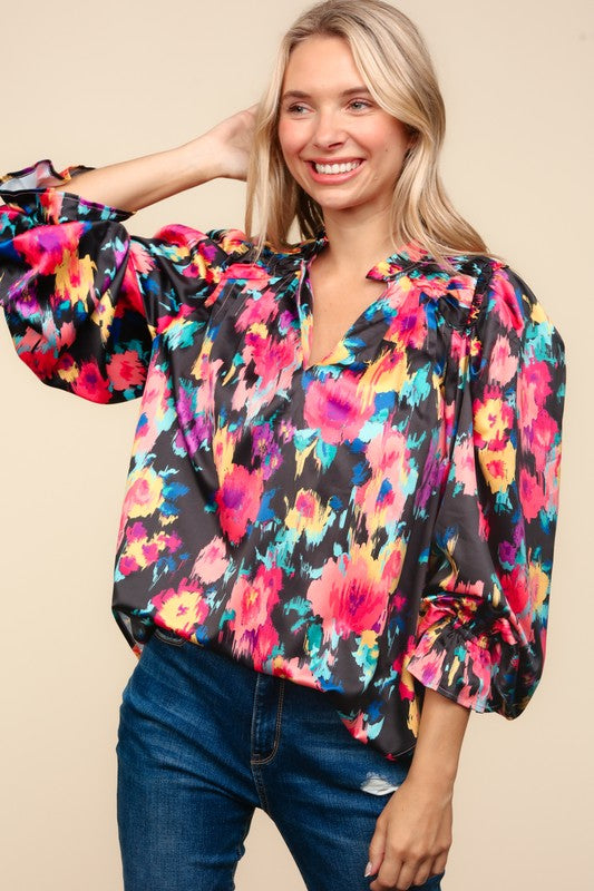 Haptics Bubble Long Sleeve Floral Blouse