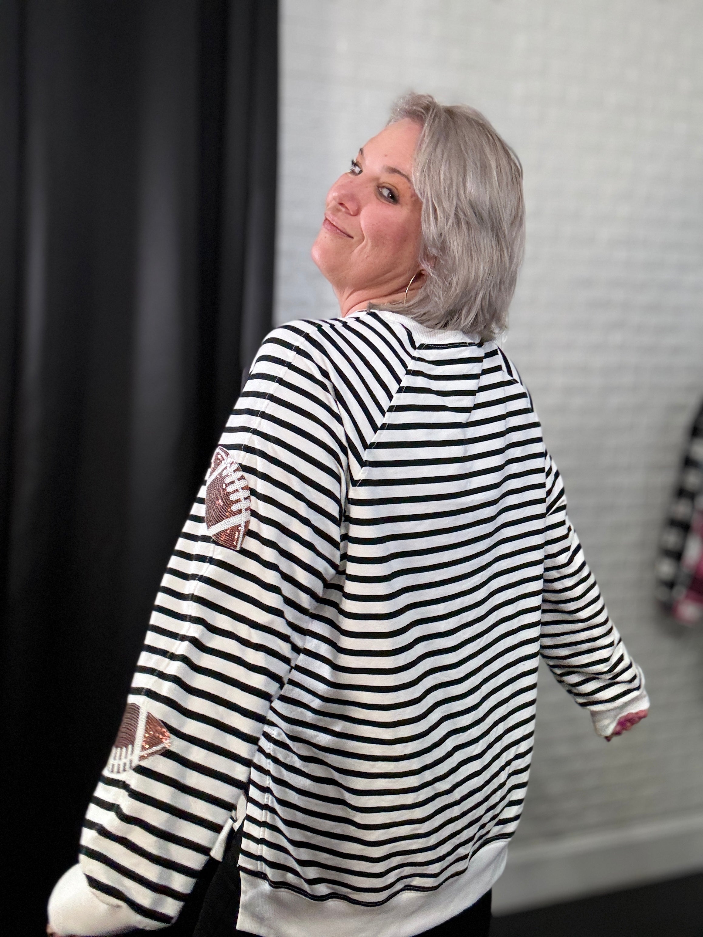 Preorder Ruby Idol Game Day Sequin Football Striped Long Sleeve Sweatshirt Shirts & Tops