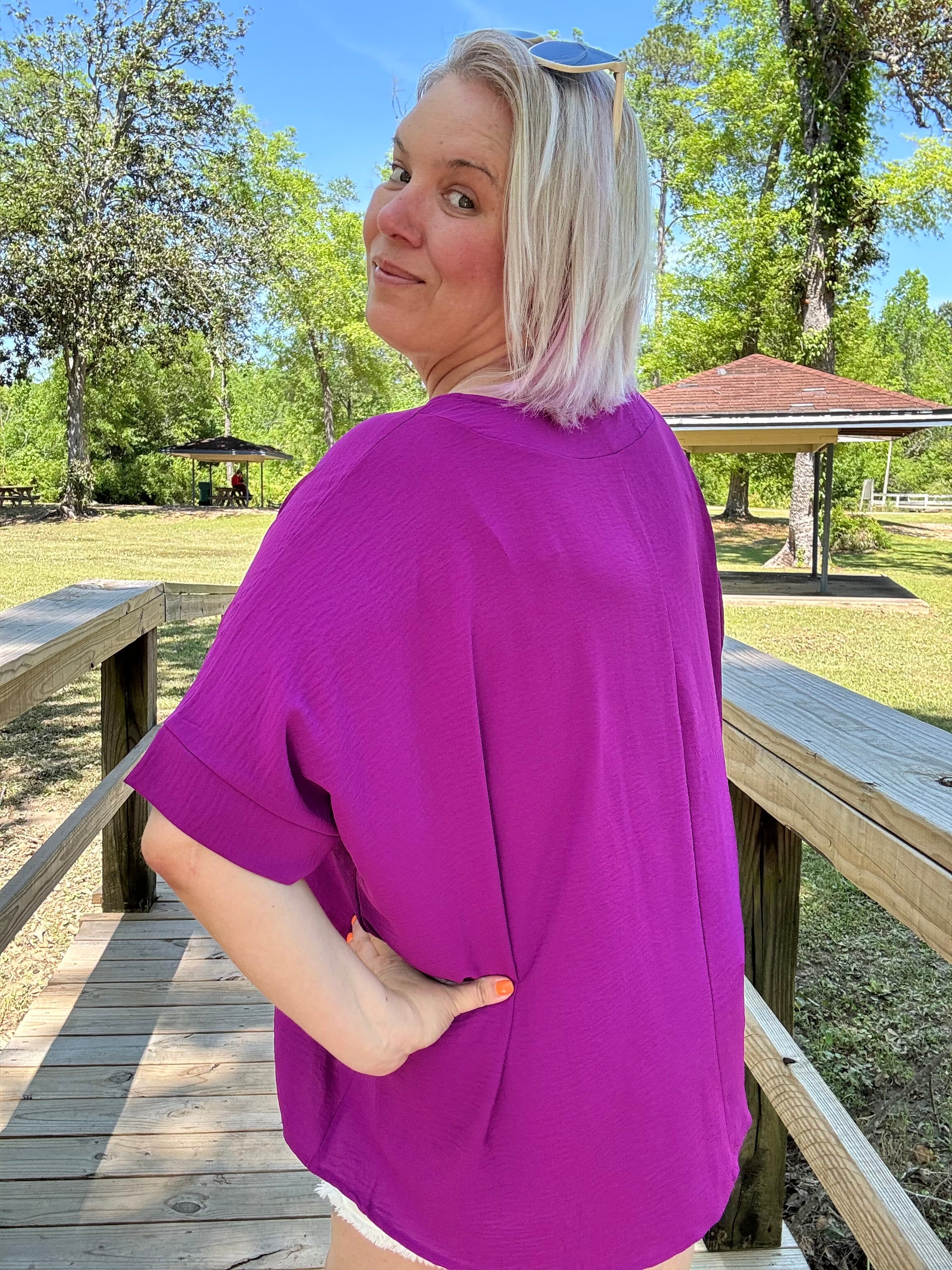 Zenana Plum Woven V Neck Dolman Short Sleeve Airflow Top Shirts & Tops