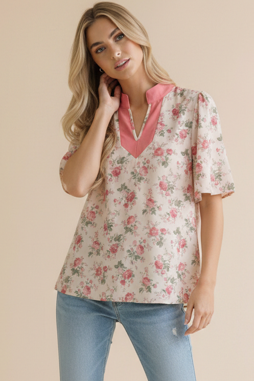 Haptics Blooming Season Split Neck Floral Blouse Womens