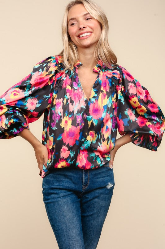 Haptics Bubble Long Sleeve Floral Blouse