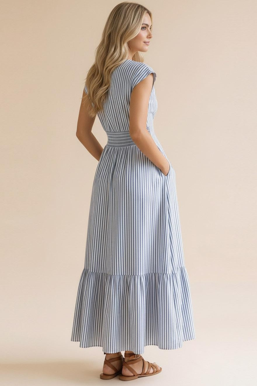 Haptics Sunny Days Striped Pleated Back Smocked Waist Stripe Woven Maxi Dress in Red