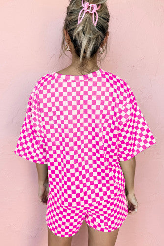 Preorder: Fuchsia Pink Checkered Round Neck Top and Shorts Two-Piece Set