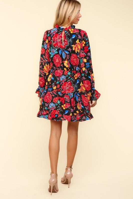 Haptics Lock Eyes Black Floral Sequin Print Ruffle Sleeve Frill Mock Neck Dress Dresses