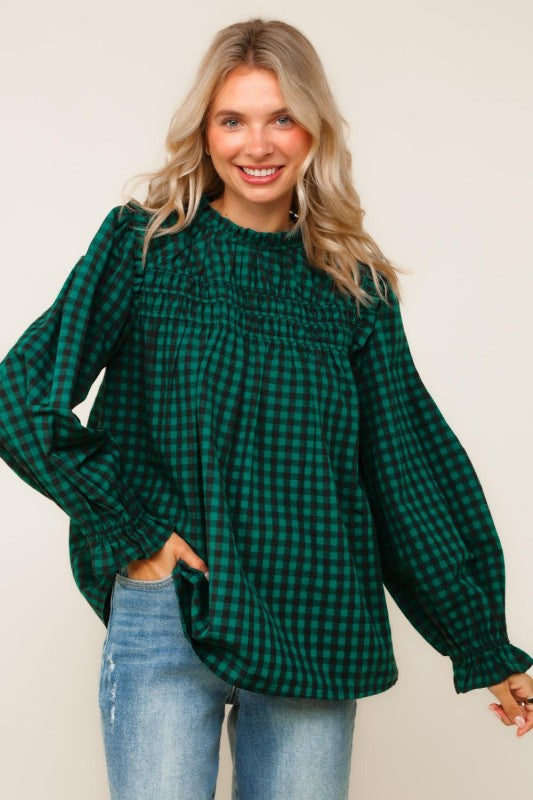 Haptics Green Frilled Mock Neck Gingham Check Woven Blouse
