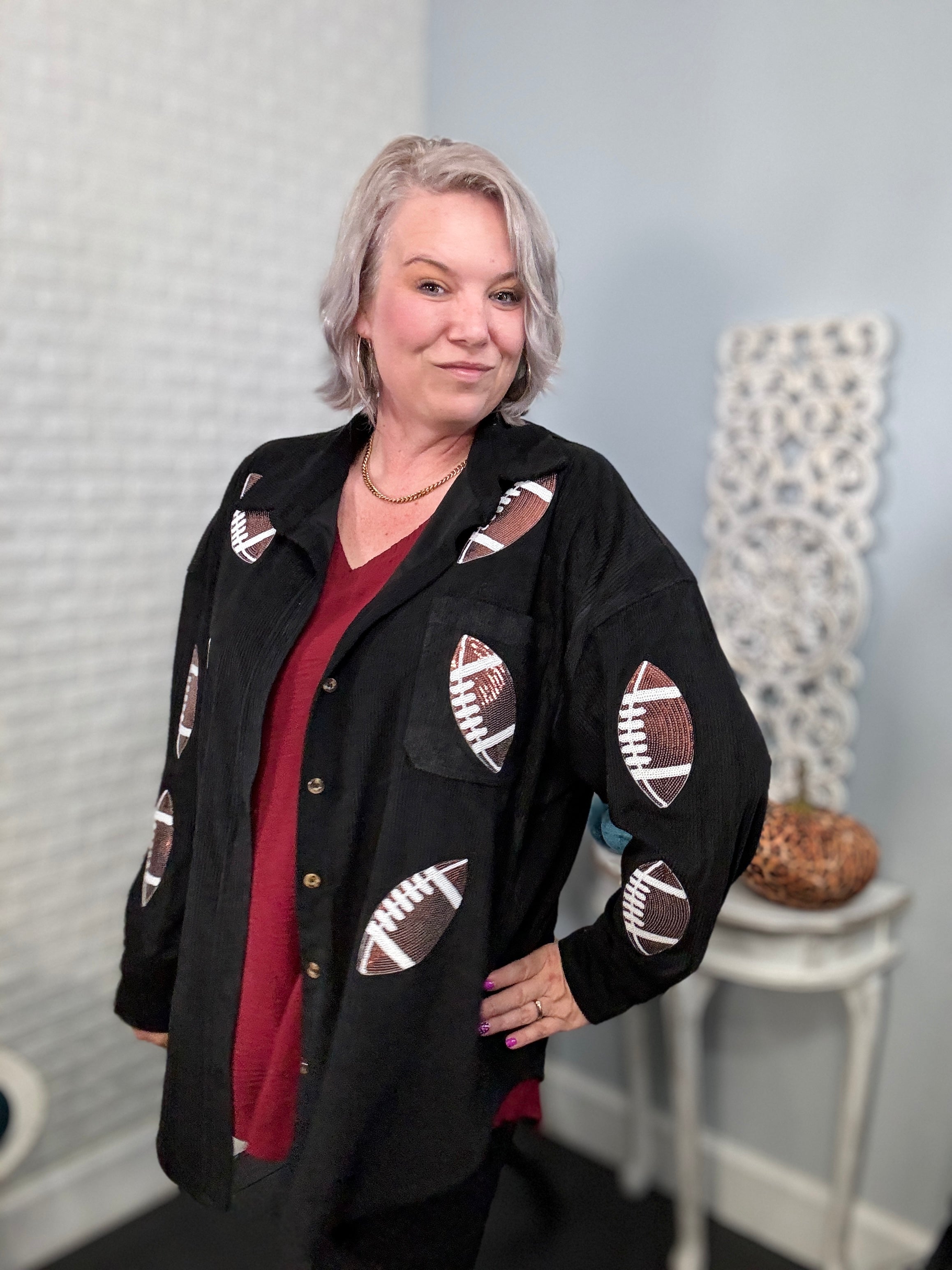 Preorder: Ruby Idol Sequin Football Black Button Up Long Sleeve Corduroy Jacket Shirts & Tops