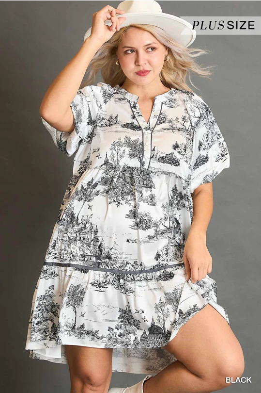 Umgee Black Two Tone Landscape Print Dress with Balloon Sleeves