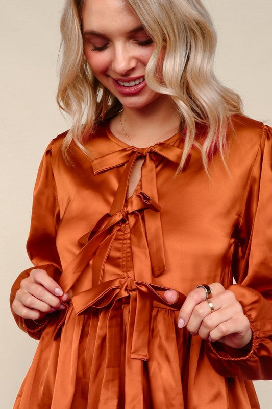 Haptics Babydoll Rust With Front Ribbon Bow Tie Blouse
