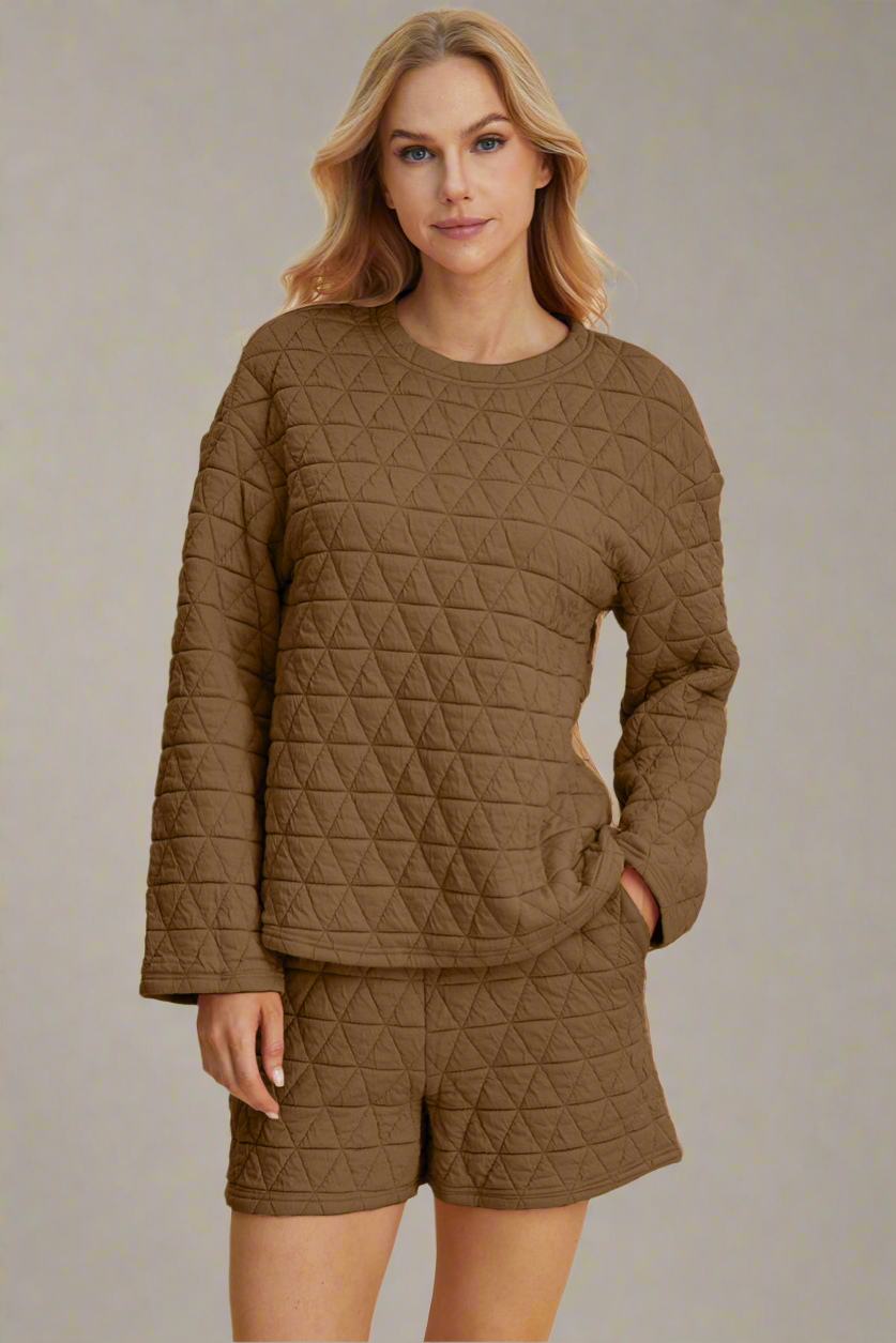 Double Take 3 Colors Quilted Textured Round Neck Long Sleeve Top and Shorts Set Coffee Brown Loungewear