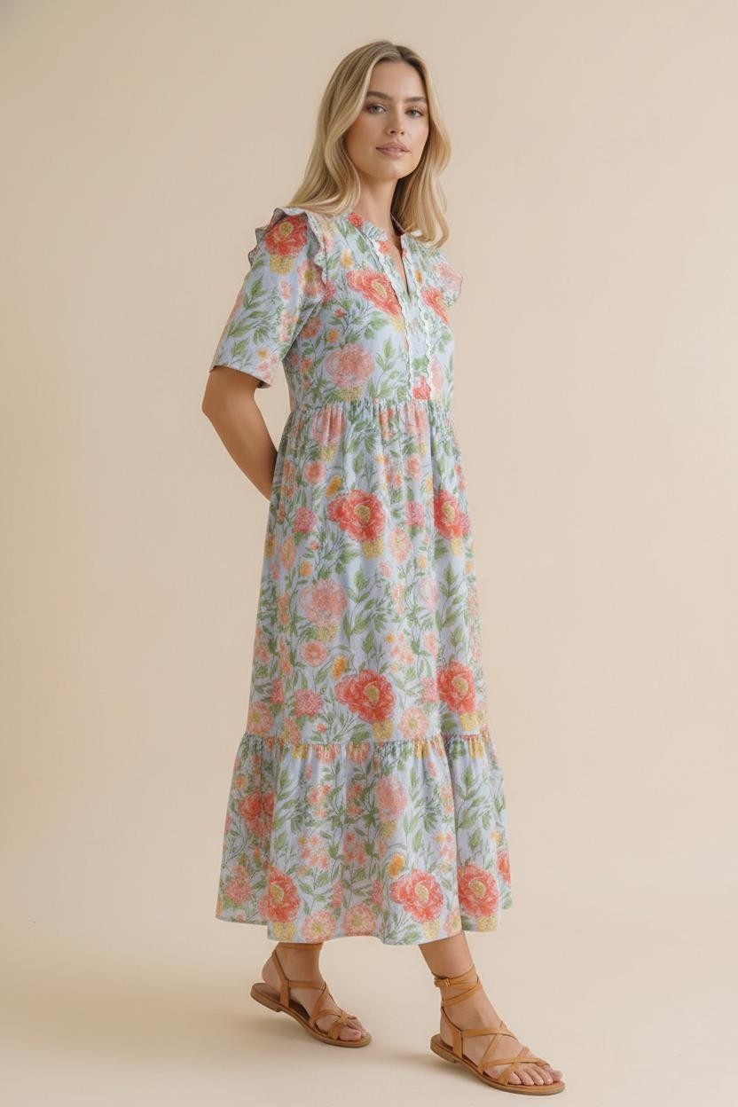 Haptics Floral Frilled Notch Neck Midi Dress in Sky Blue