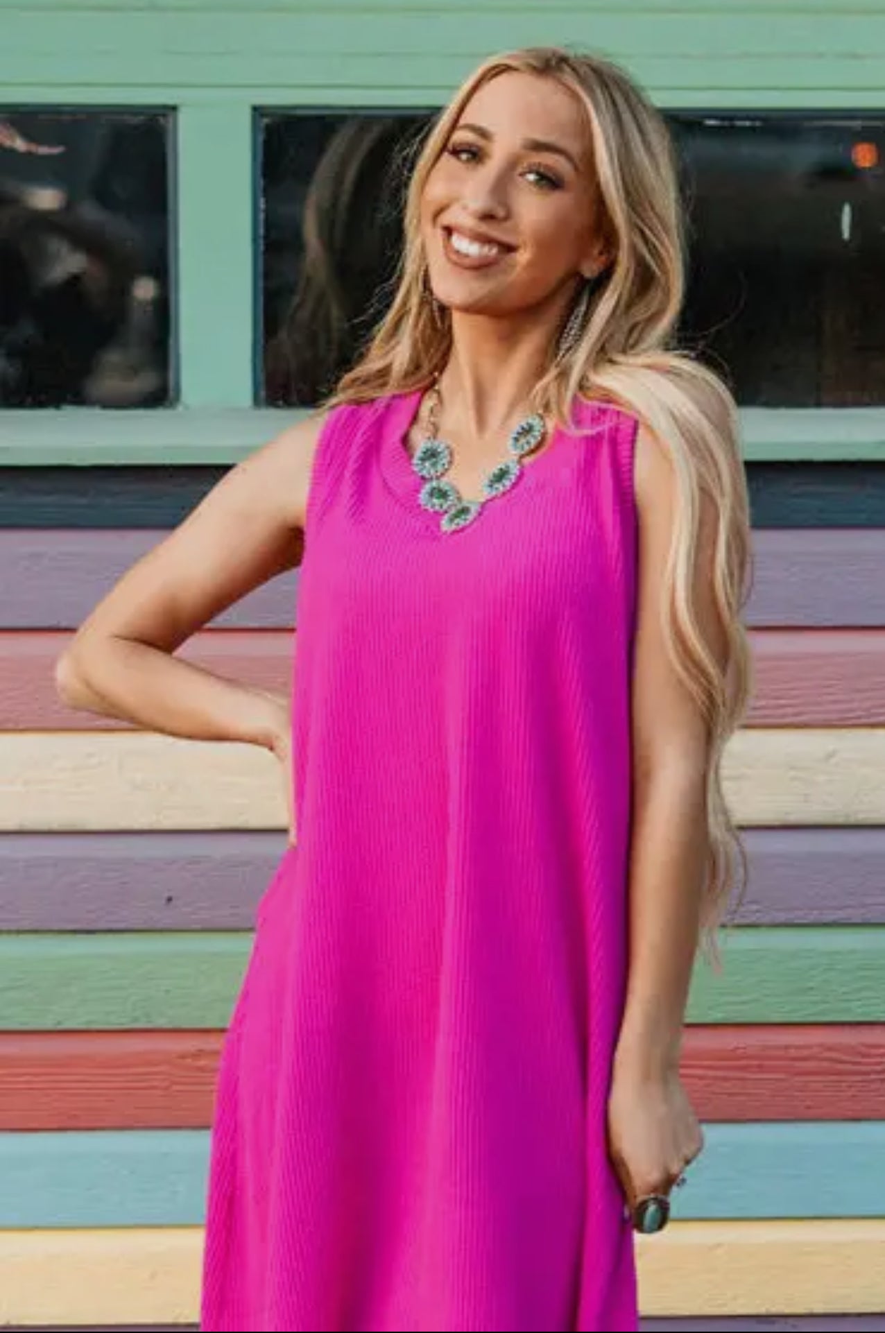 Andree by Unit The Power I Hold V-Neck Ribbed Knit Dress in Fuchsia Womens