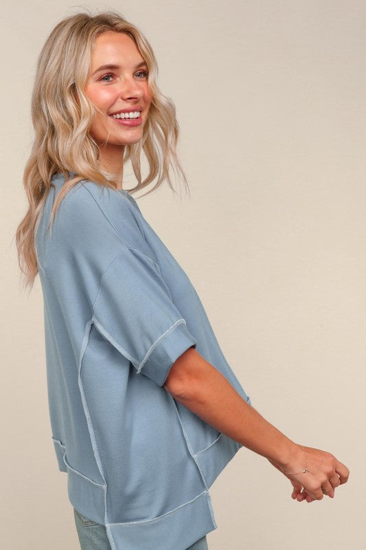 Haptics Oversized Hi-Lo French Terry Outseam Pullover in Denim Blue
