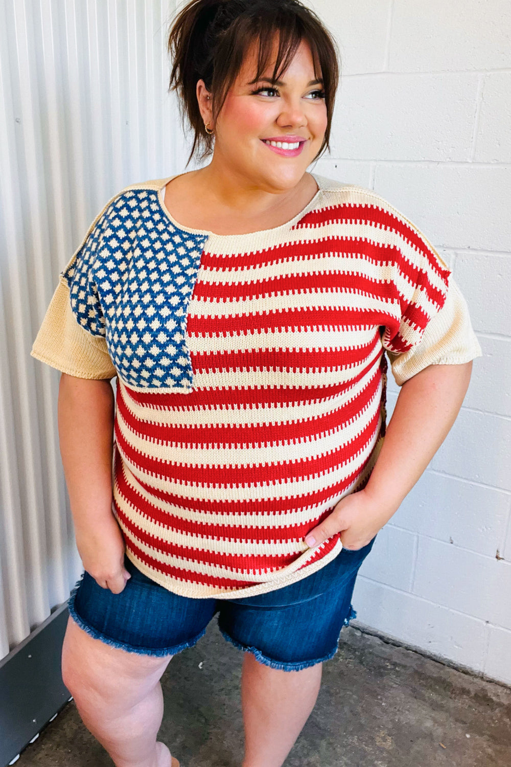 Haptics American Flag Jacquard Knit Sweater Top Final Sale
