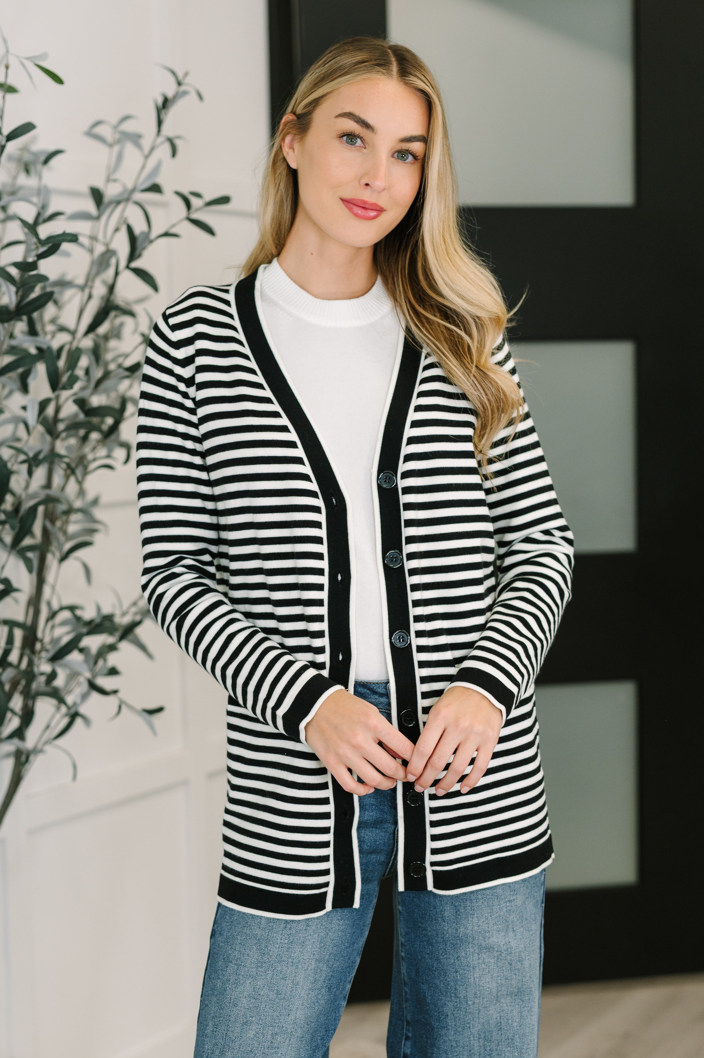 One Eleven North Finagle Your Way Striped Cardigan in Black & White Womens