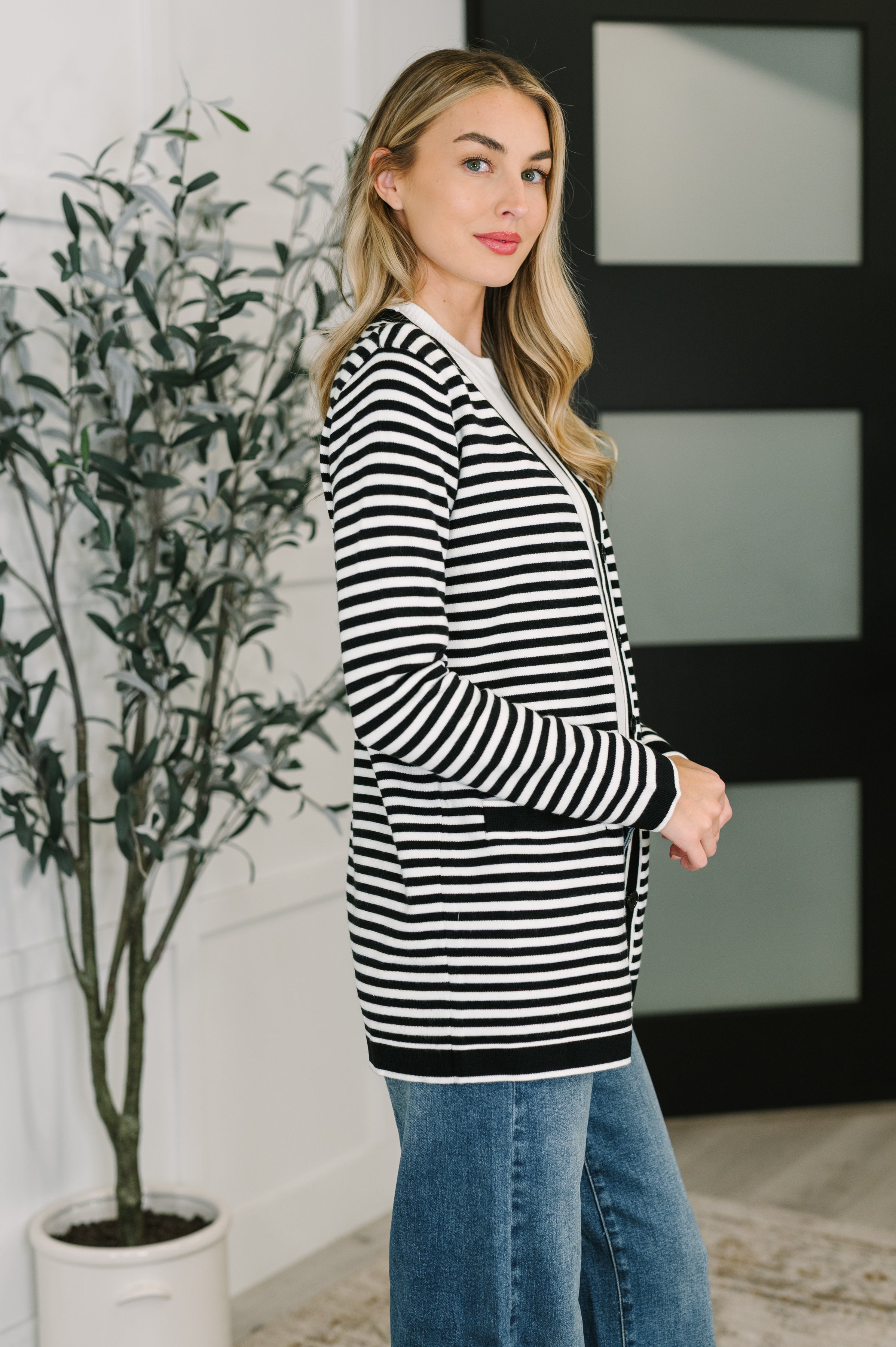 One Eleven North Finagle Your Way Striped Cardigan in Black & White Womens