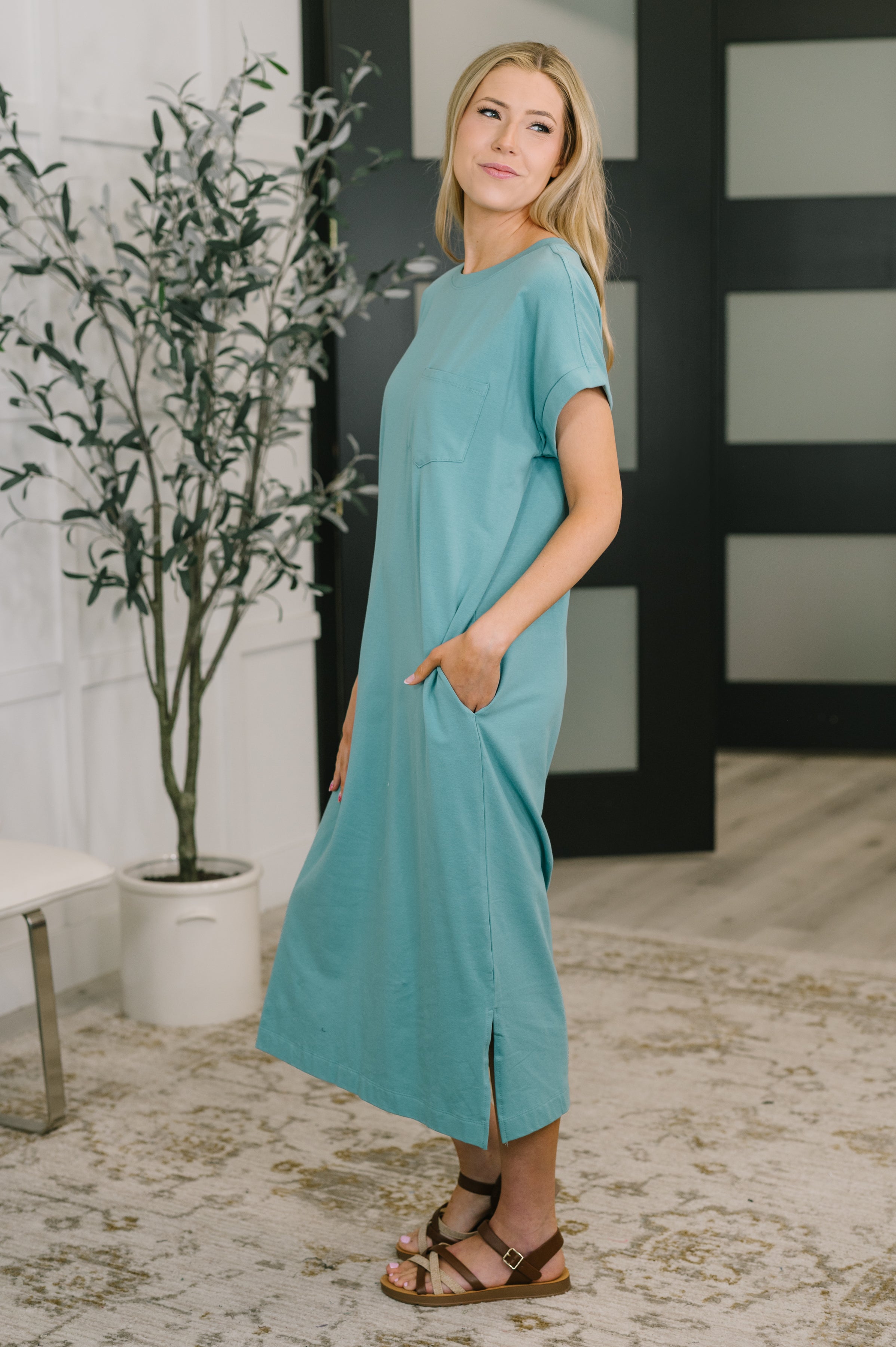 Fix You Right Up Short Sleeve Midi Dress in Dusty Teal Womens