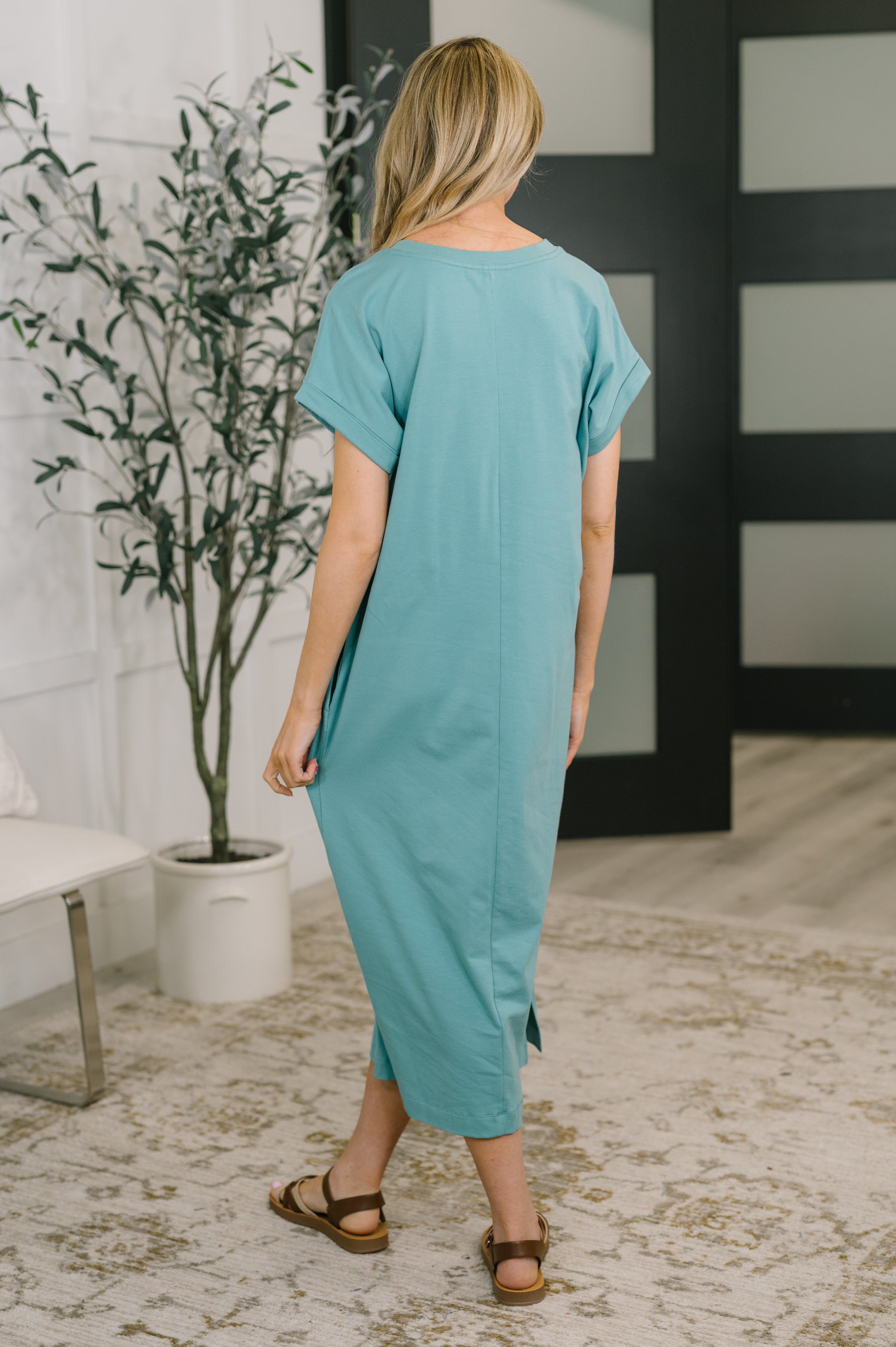 Zenana Fix You Right Up Short Sleeve Midi Dress in Dusty Teal Womens
