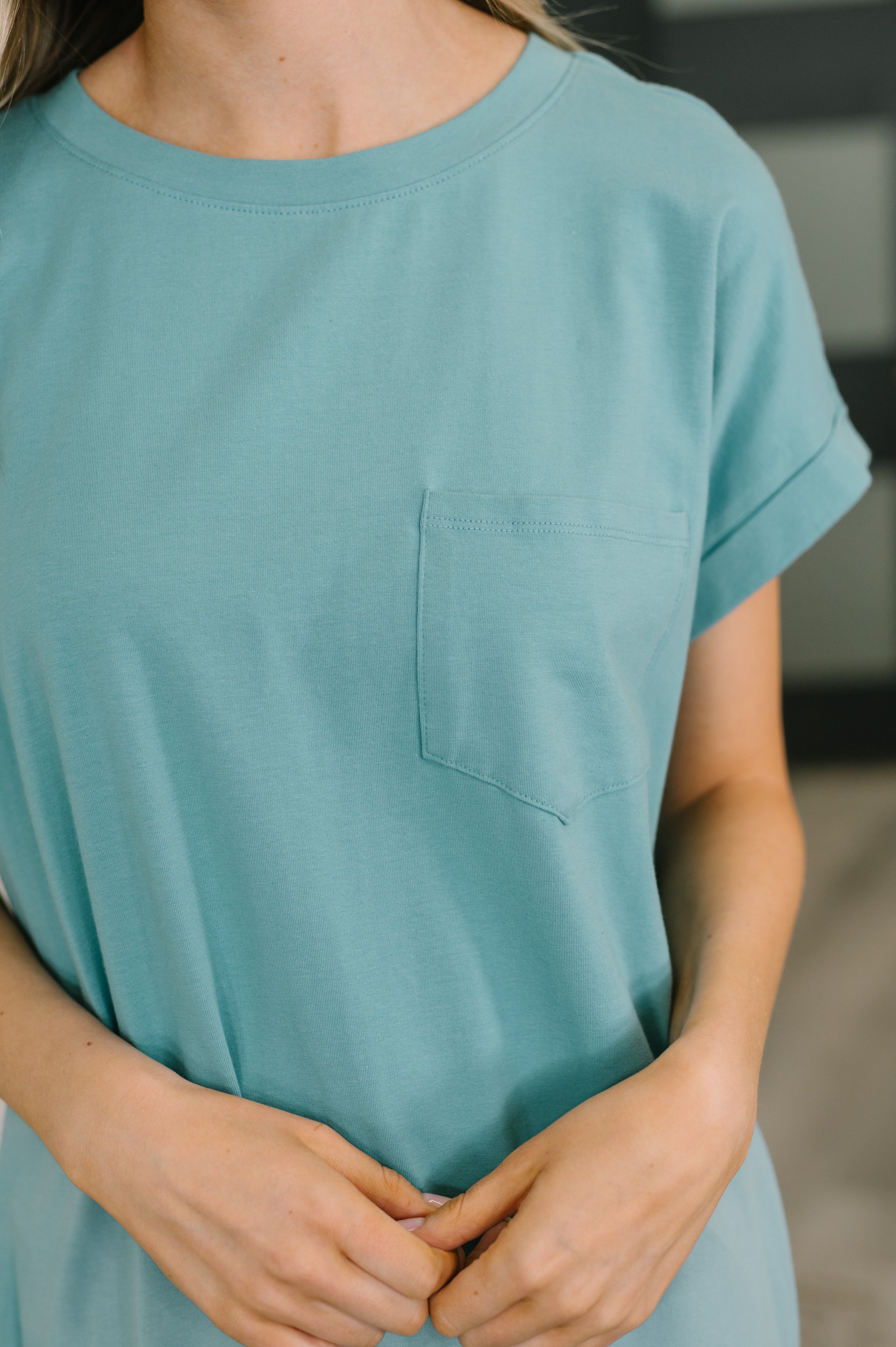 Zenana Fix You Right Up Short Sleeve Midi Dress in Dusty Teal Womens
