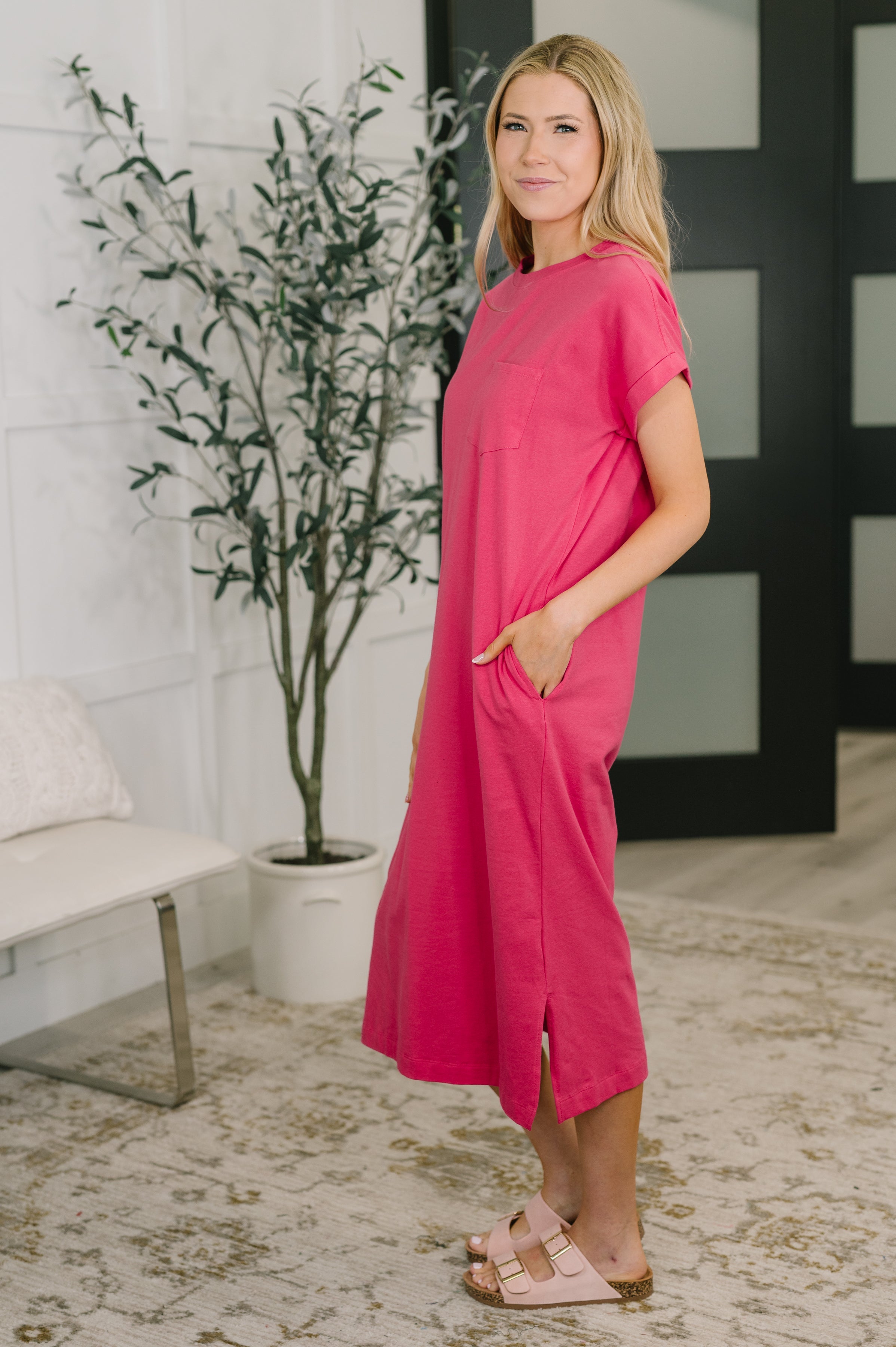 Fix You Right Up Short Sleeve Midi Dress in Hot Pink Womens