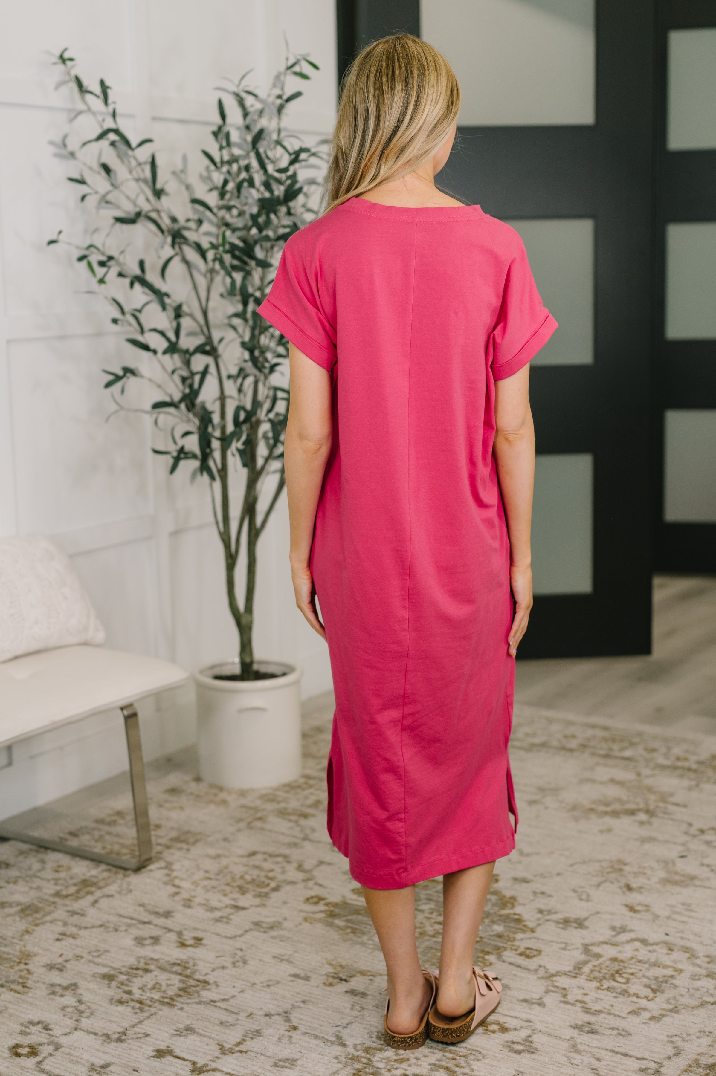Fix You Right Up Short Sleeve Midi Dress in Hot Pink Womens