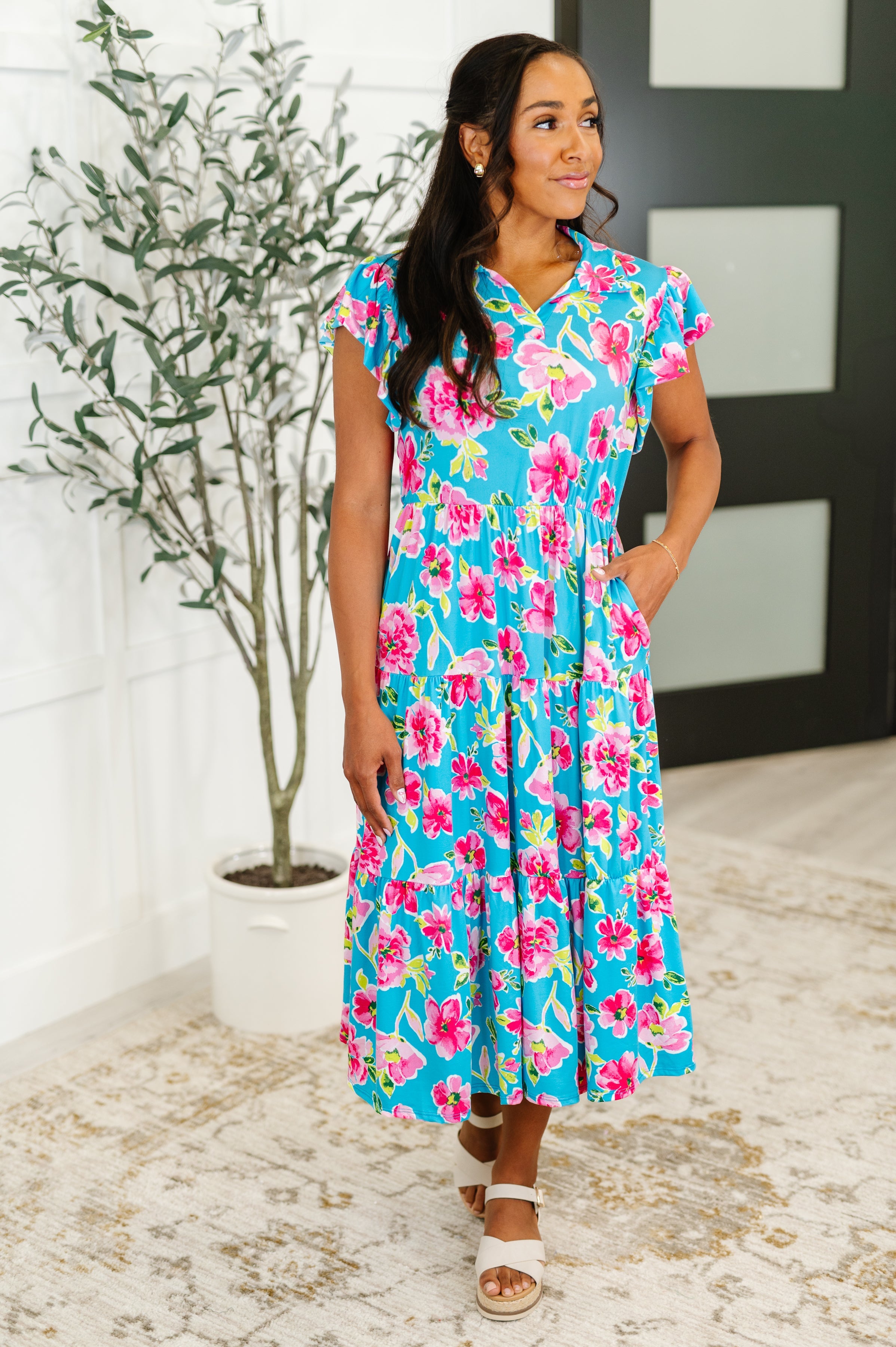 Haptics Fleurget Me Not Tiered Flutter Sleeve Dress in Aqua Womens