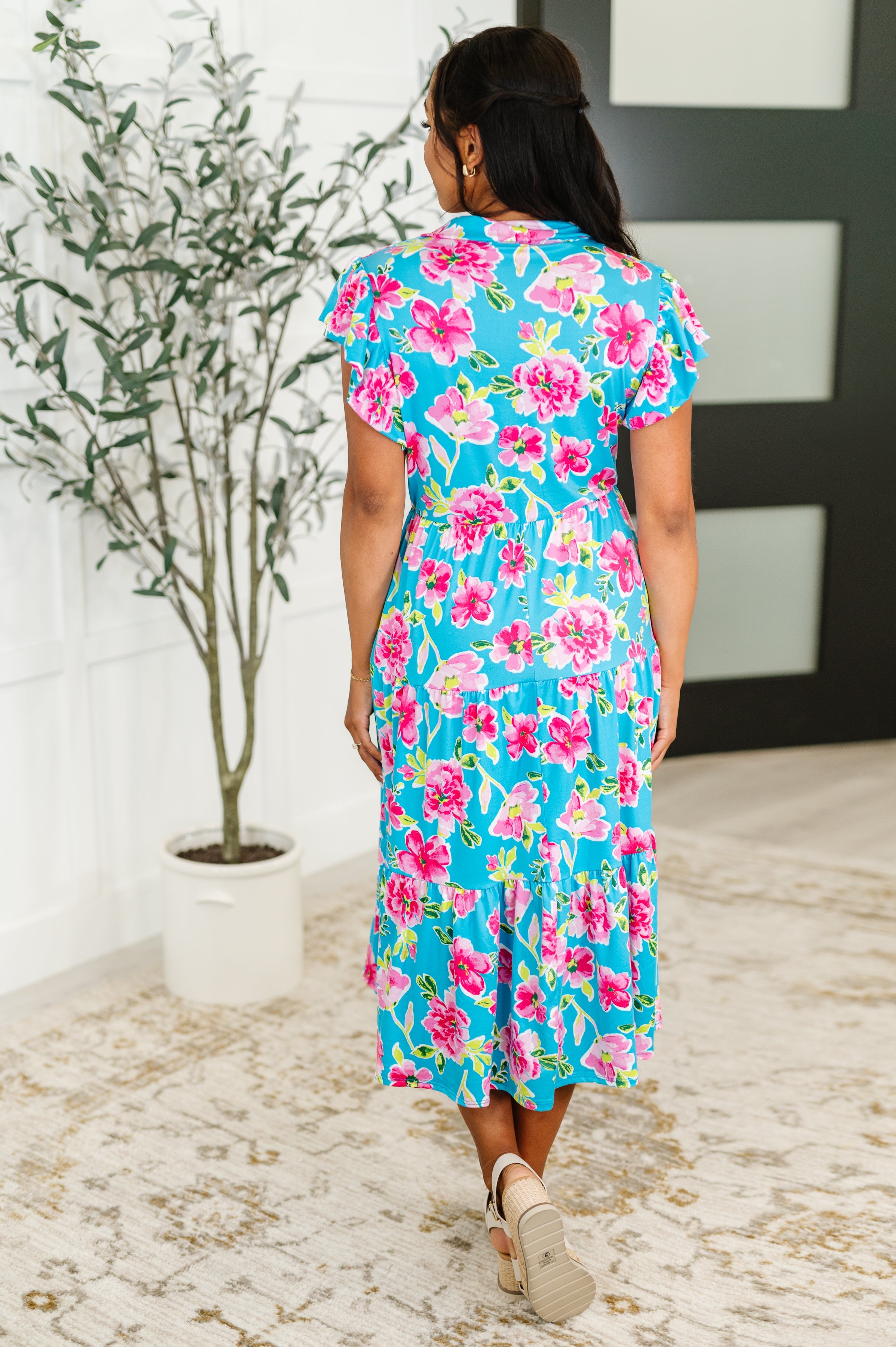 Haptics Fleurget Me Not Tiered Flutter Sleeve Dress in Aqua Womens