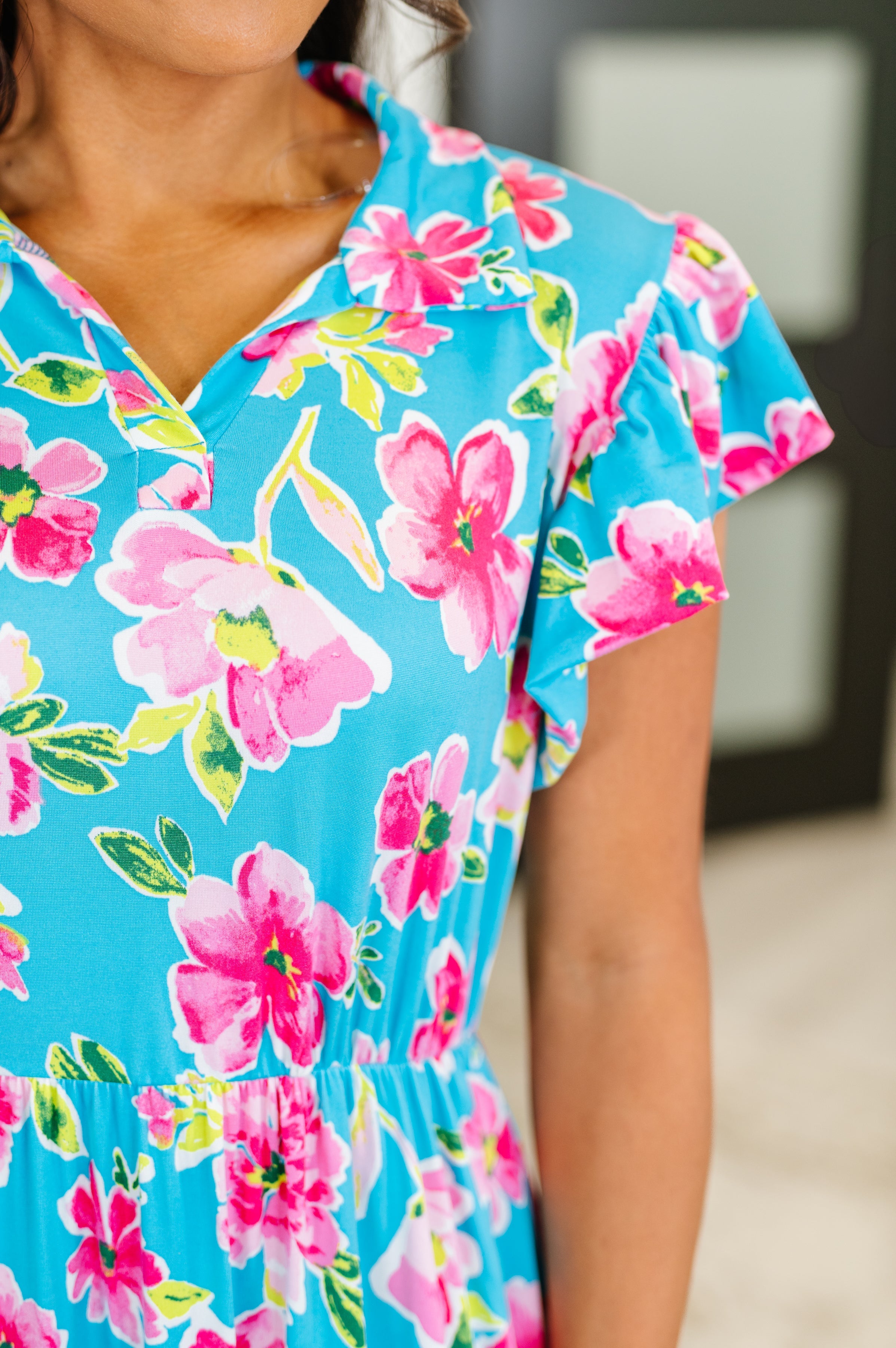 Haptics Fleurget Me Not Tiered Flutter Sleeve Dress in Aqua Womens