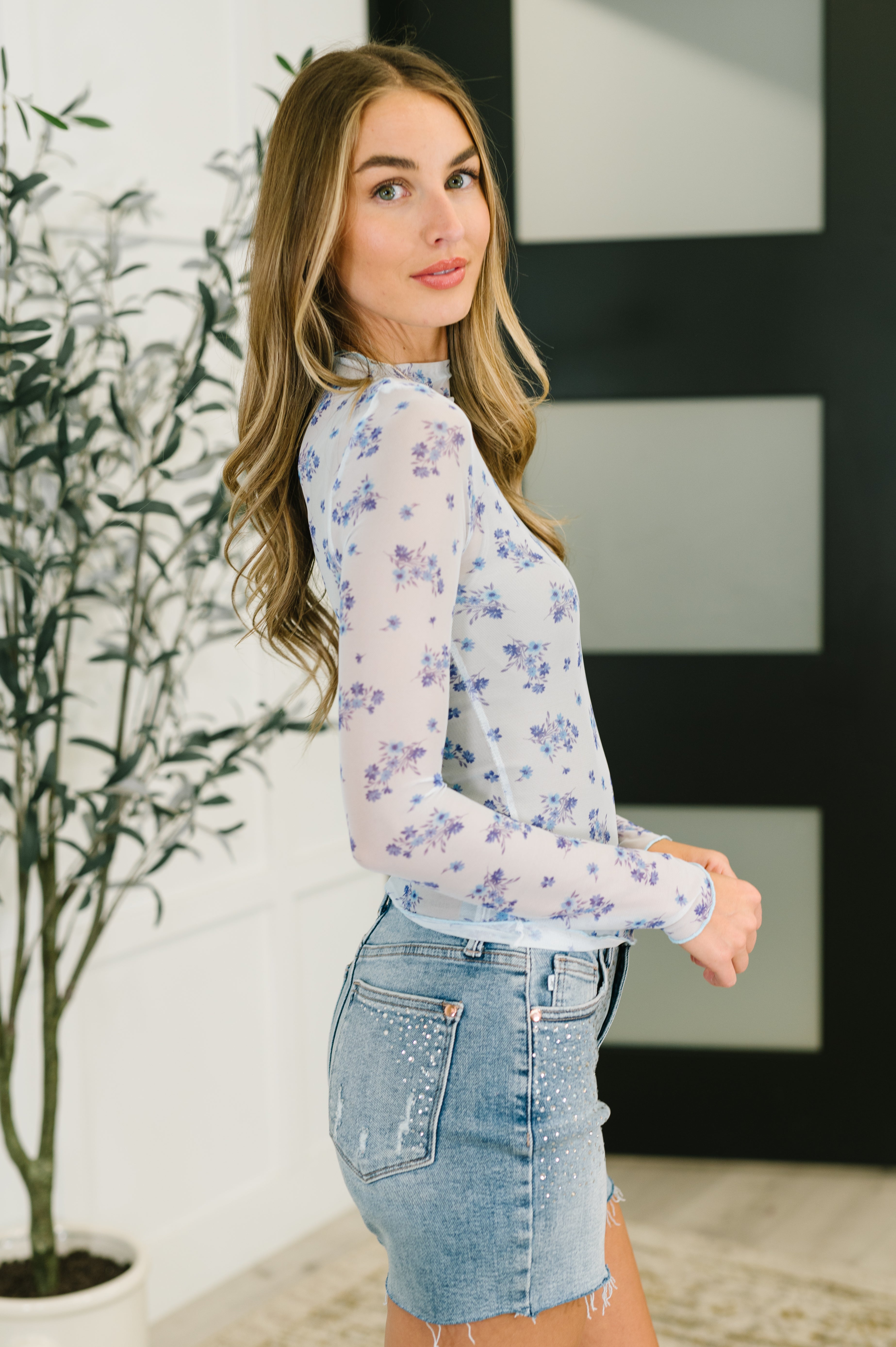 Kori America Flirty by Nature Mesh Layering Top in Light Blue Womens