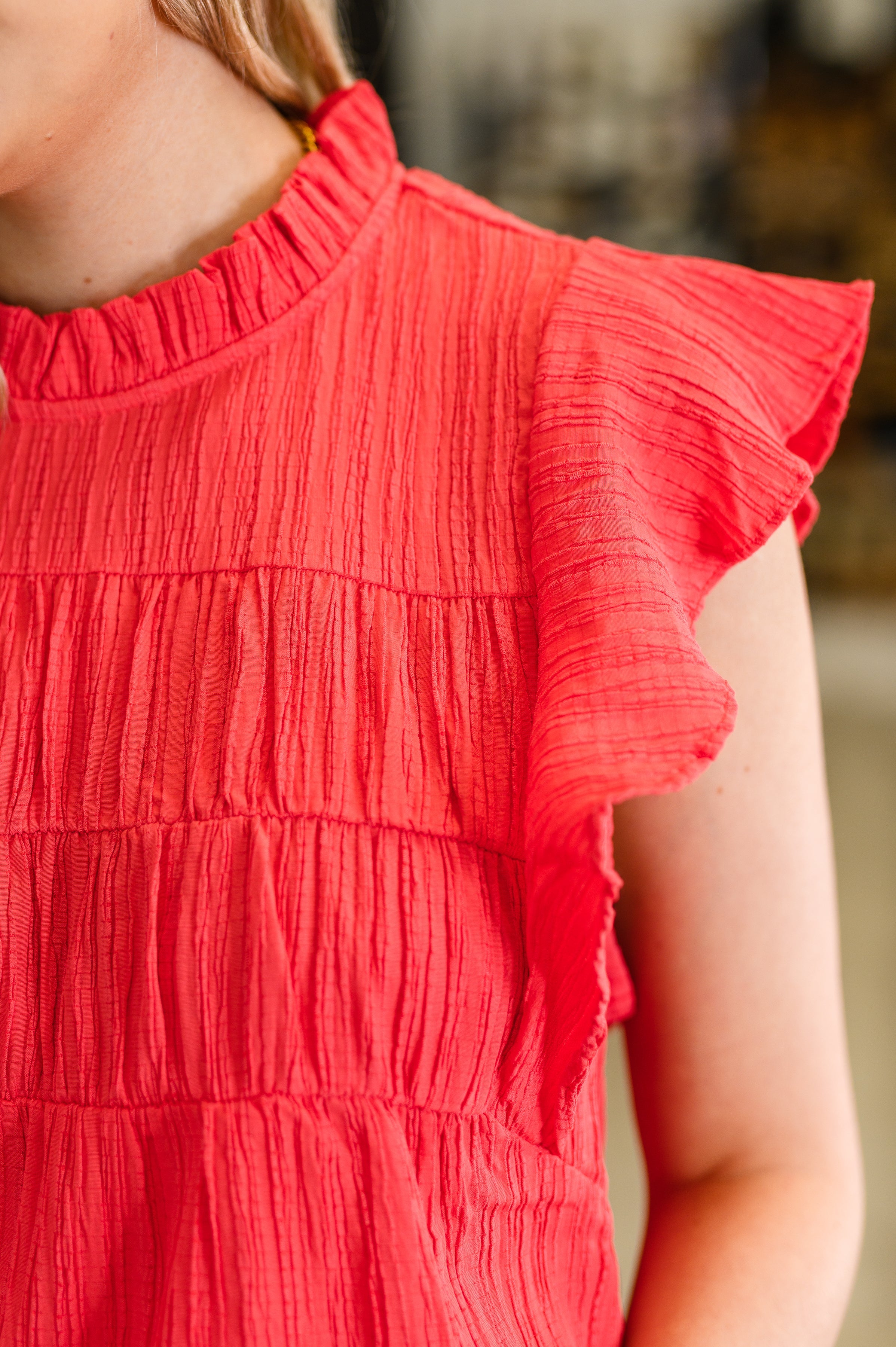 Haptics Float This Way Flutter Sleeve Blouse in Coral Womens