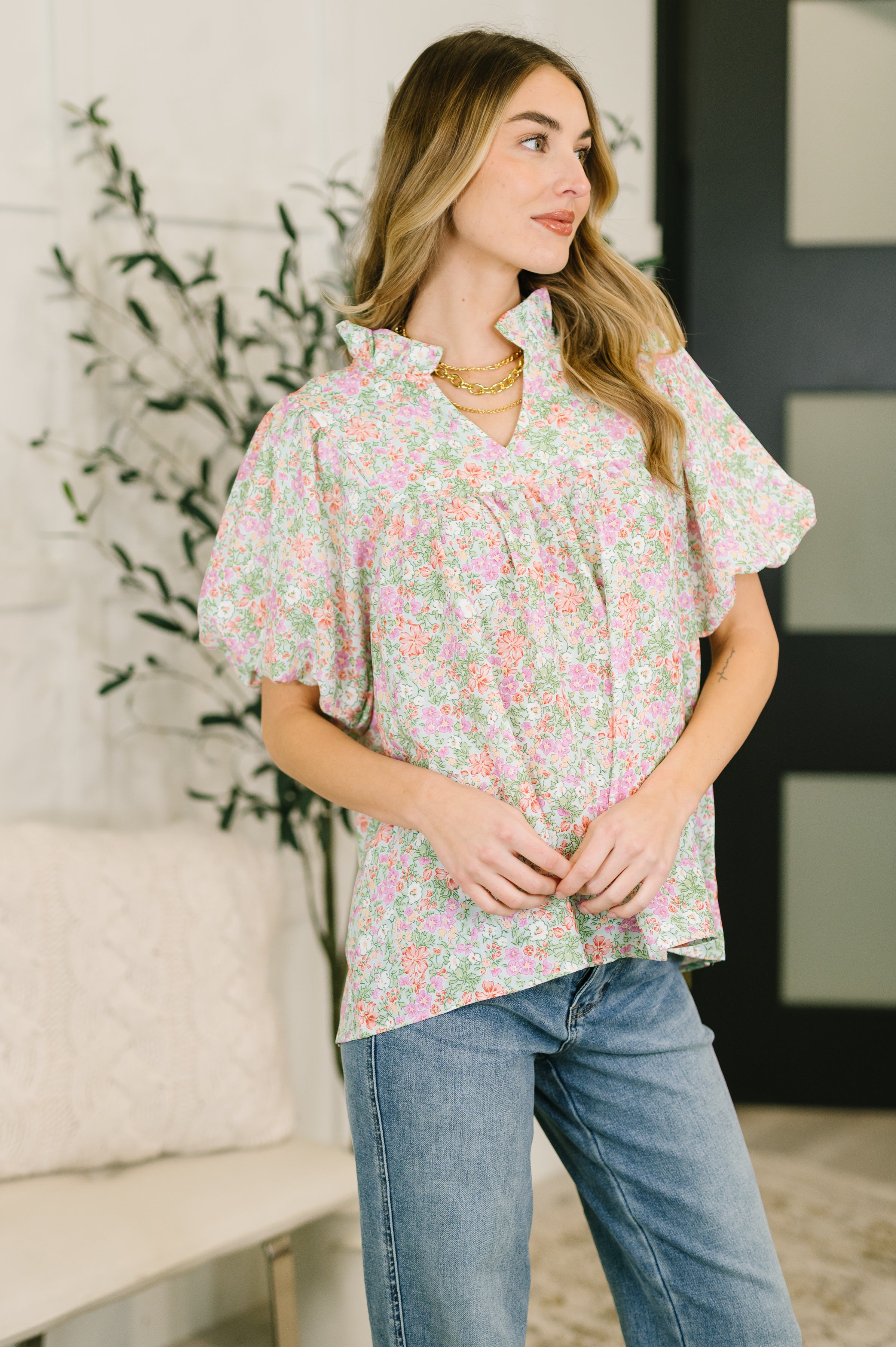 Haptics Flower Picking Notch Neck Blouse Womens