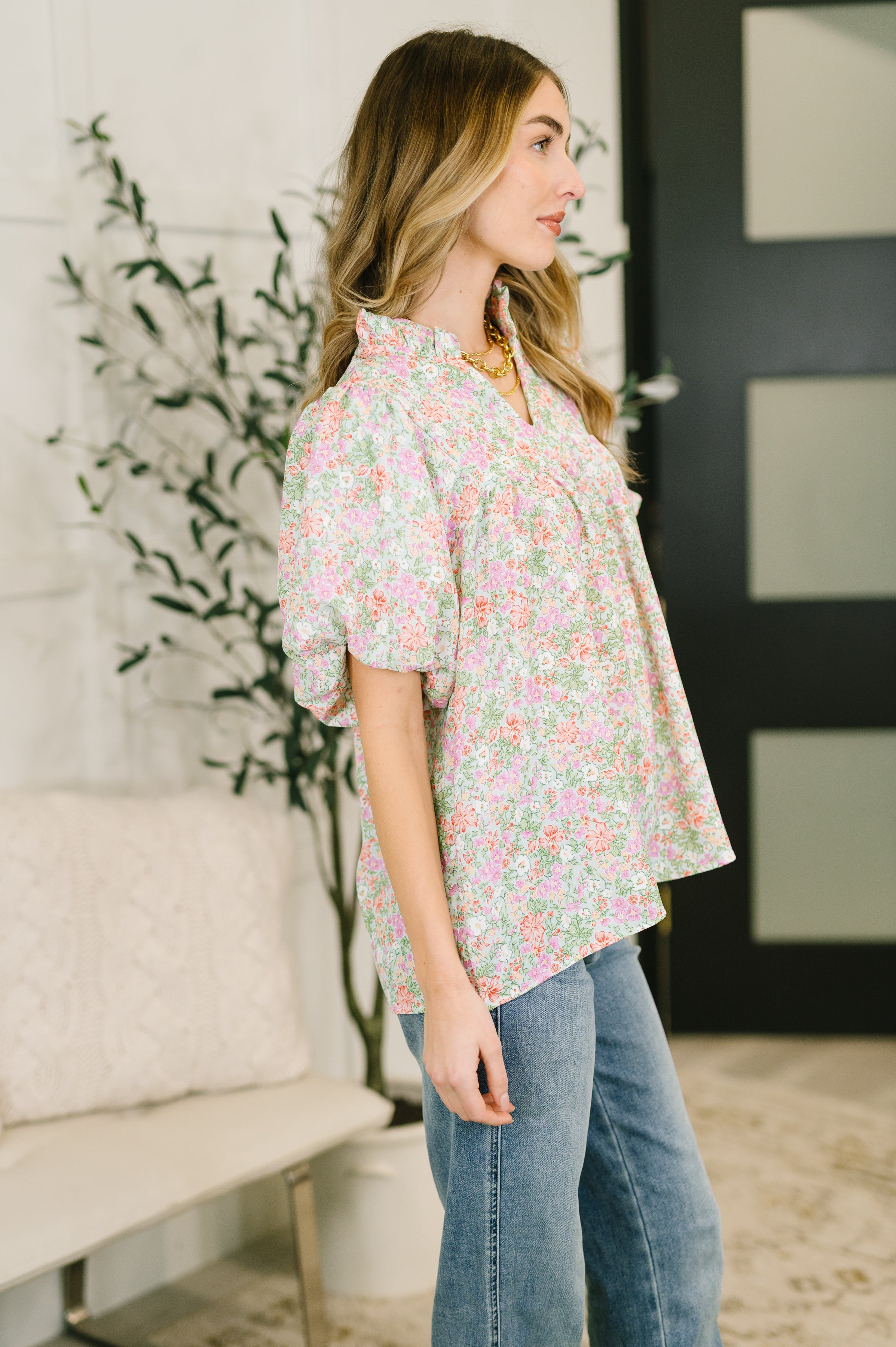 Haptics Flower Picking Notch Neck Blouse Womens