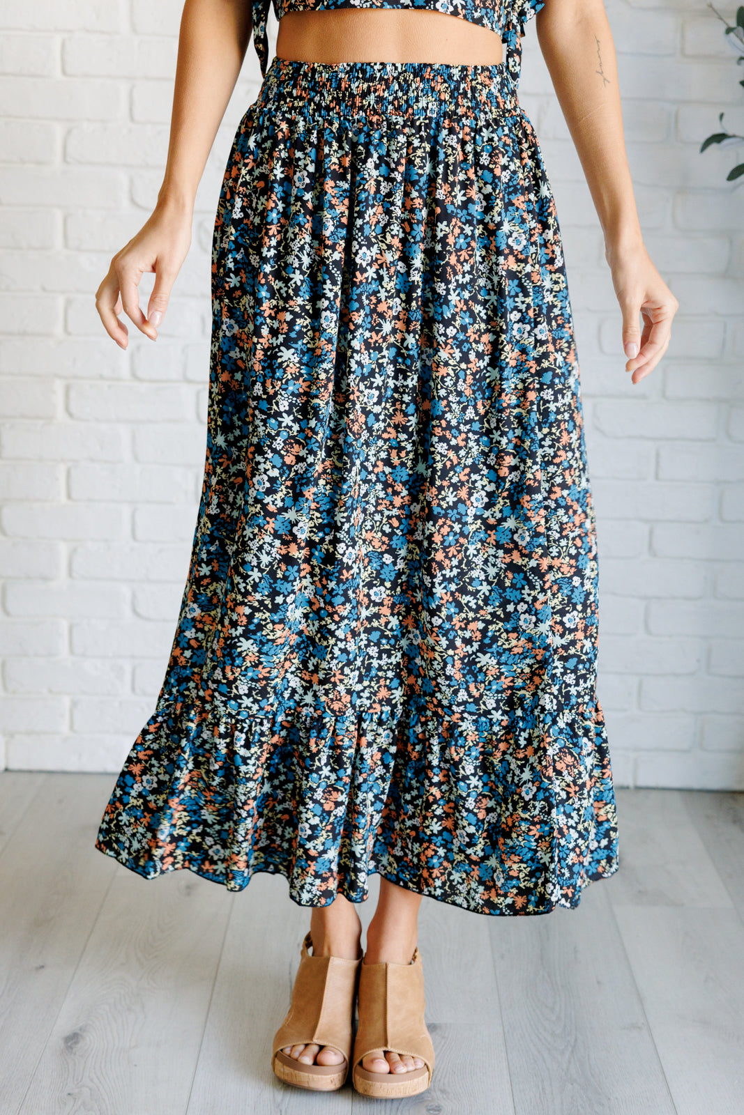 One Eleven North Flutter of Florals V-Neck Crop and Skirt Set Outfits