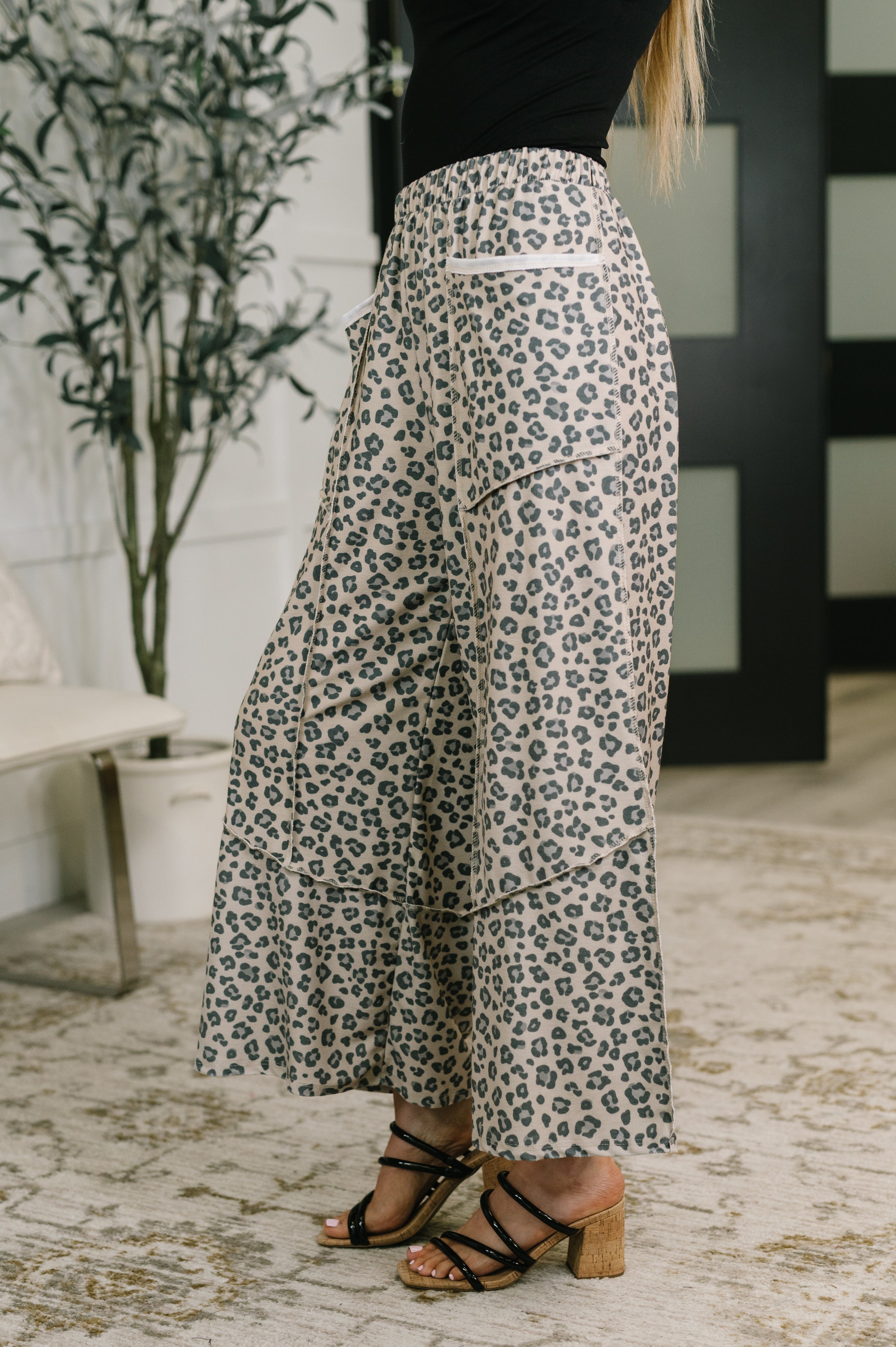 Follow the Flow Wide Leg Leopard Print Bottoms Womens