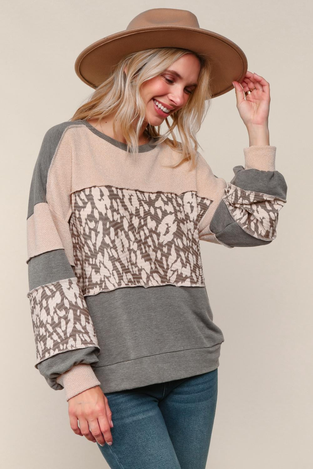 Haptics Two-Tone Jacquard Leopard Print Colorblock Pullover