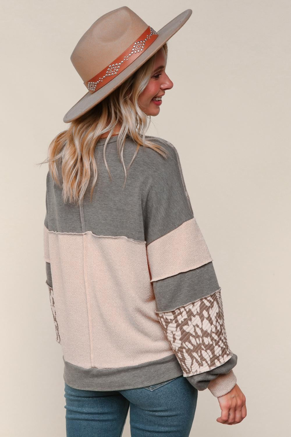 Haptics Two-Tone Jacquard Leopard Print Colorblock Pullover