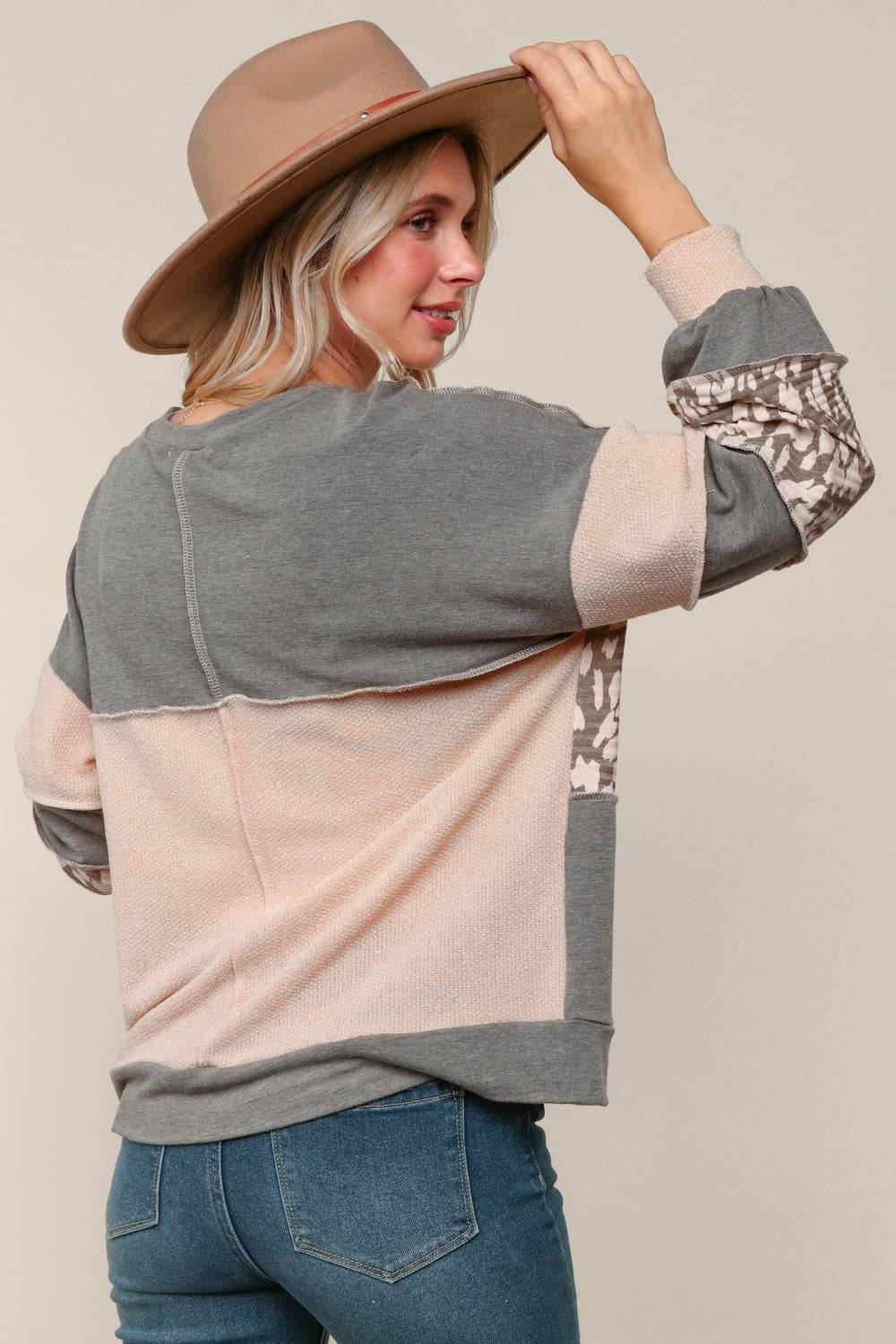 Haptics Two-Tone Jacquard Leopard Print Colorblock Pullover