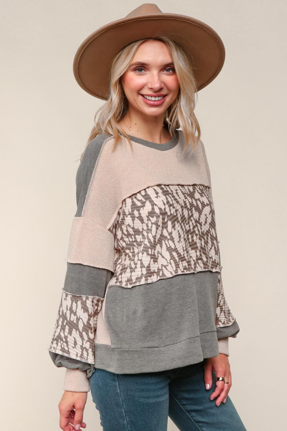Haptics Two-Tone Jacquard Leopard Print Colorblock Pullover