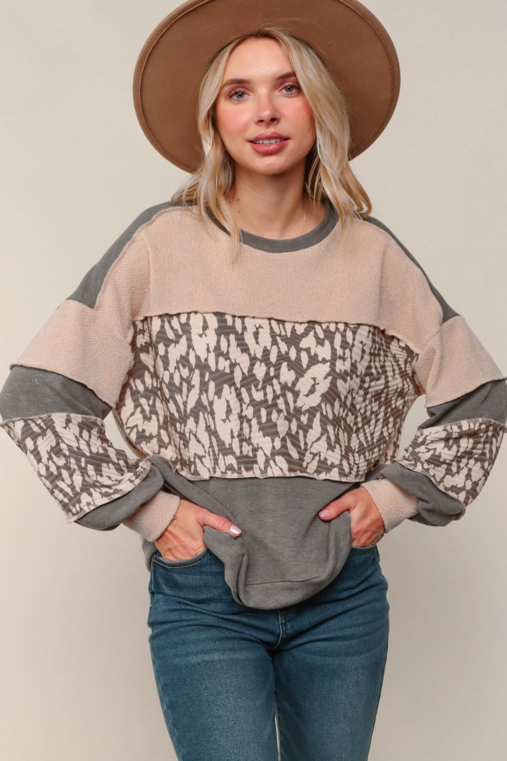 Haptics Two-Tone Jacquard Leopard Print Colorblock Pullover