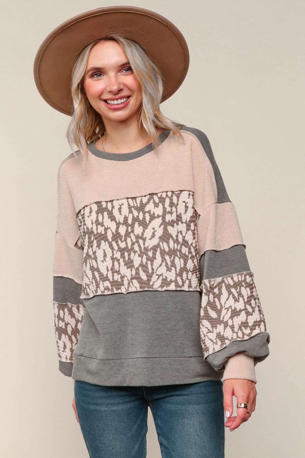 Haptics Two-Tone Jacquard Leopard Print Colorblock Pullover