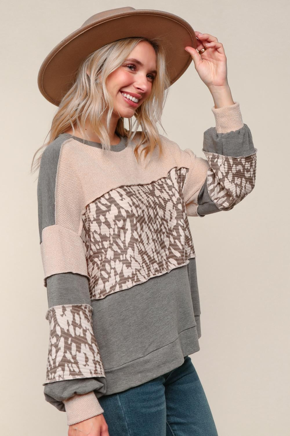 Haptics Two-Tone Jacquard Leopard Print Colorblock Pullover