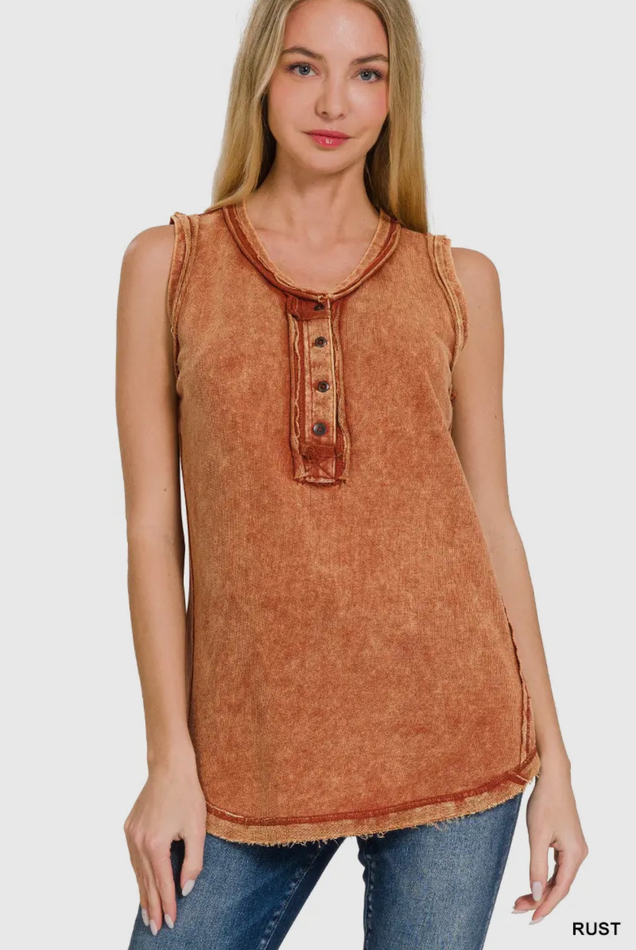 Zenana Mahogany Washed Half-Button Raw Edge Sleeveless Henley Top
