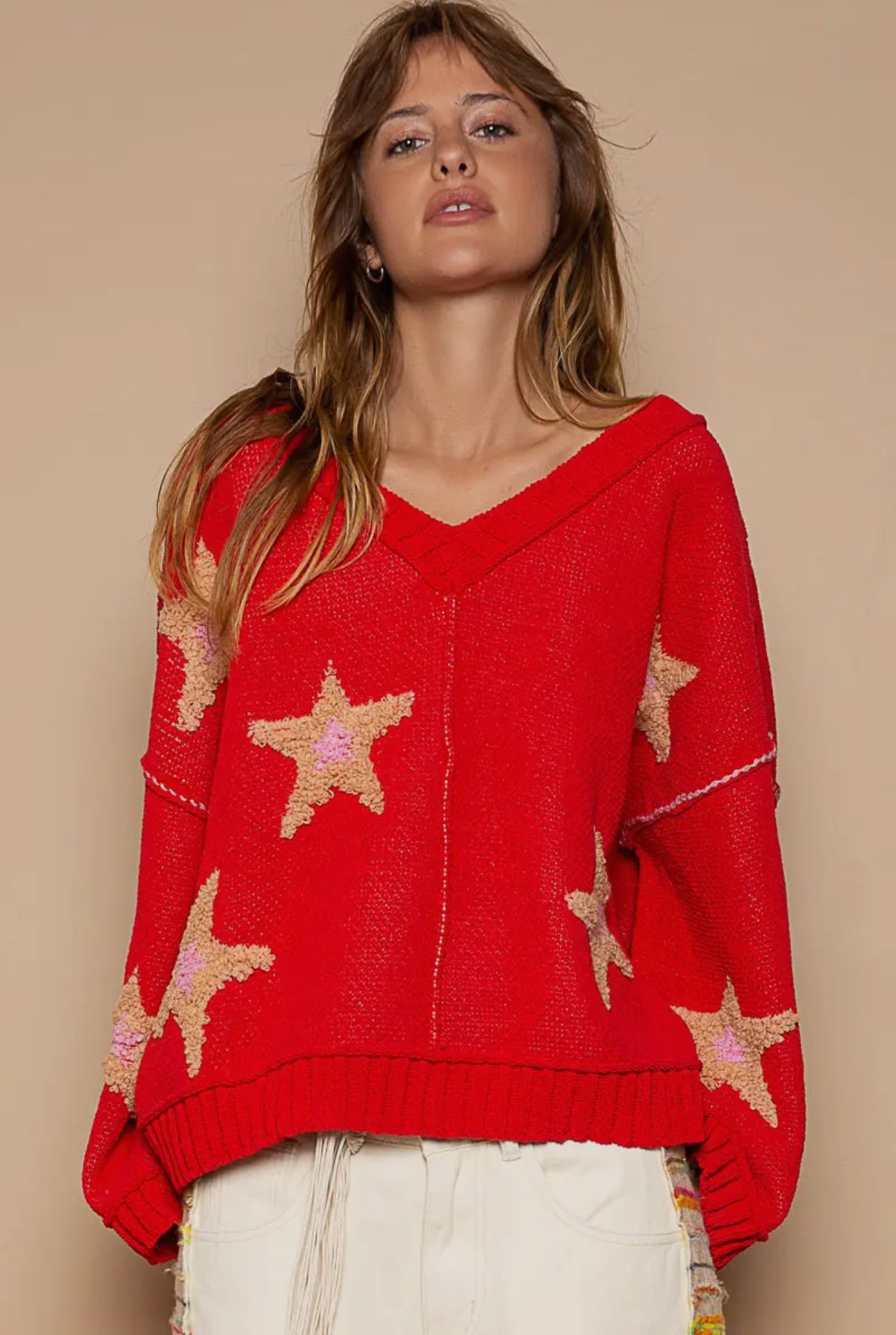 POL Apple Red Long Sleeve Star Patch Sweater Shirts & Tops