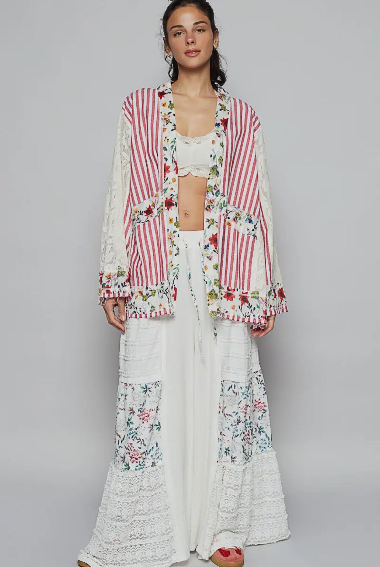POL Red Multi Lace Long Sleeve Striped Cardigan with Contrast Floral Detail