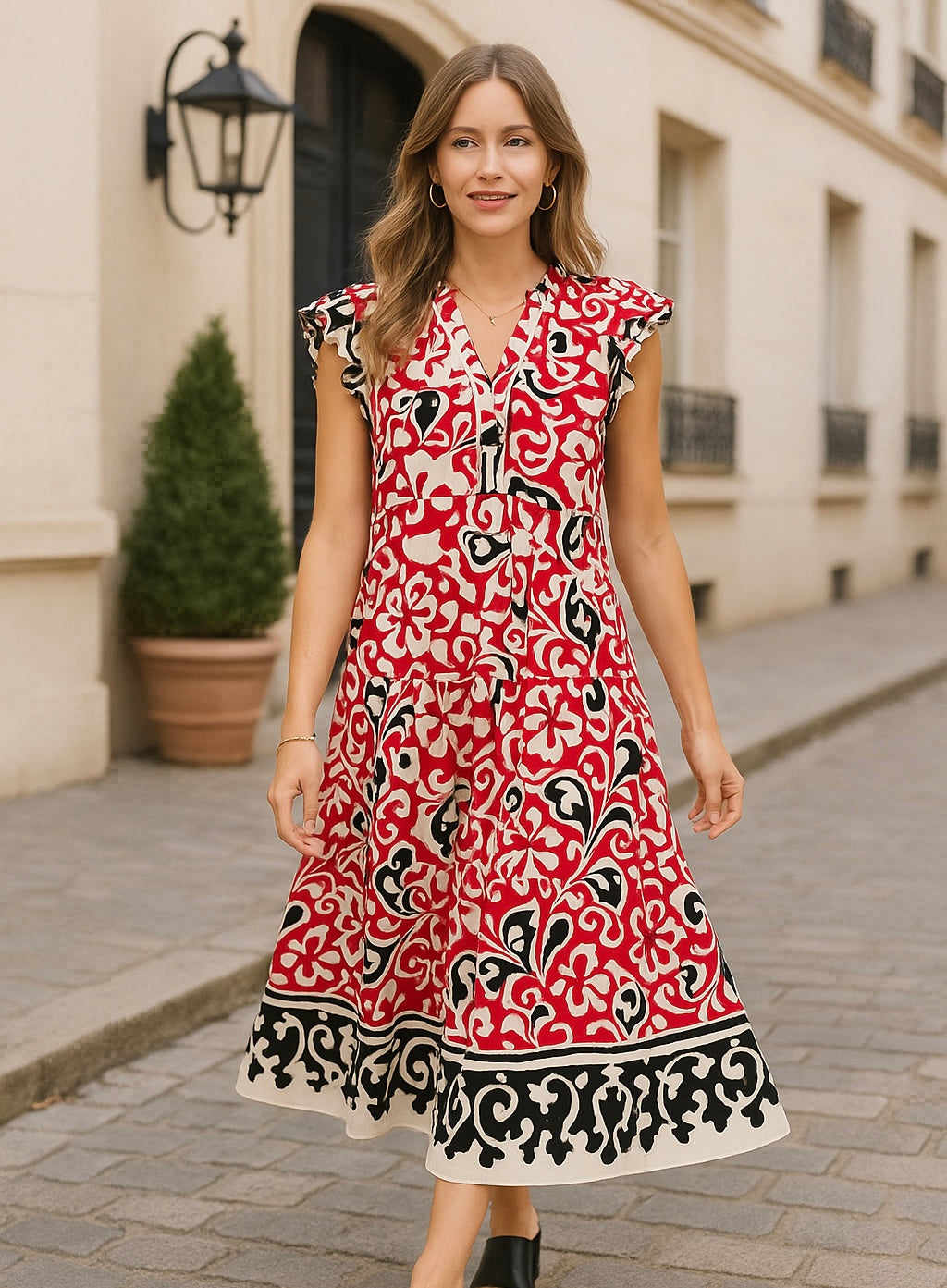 Umgee Cherry Red Printed Ruffled Cap Sleeve Midi Dress CHERRY RED