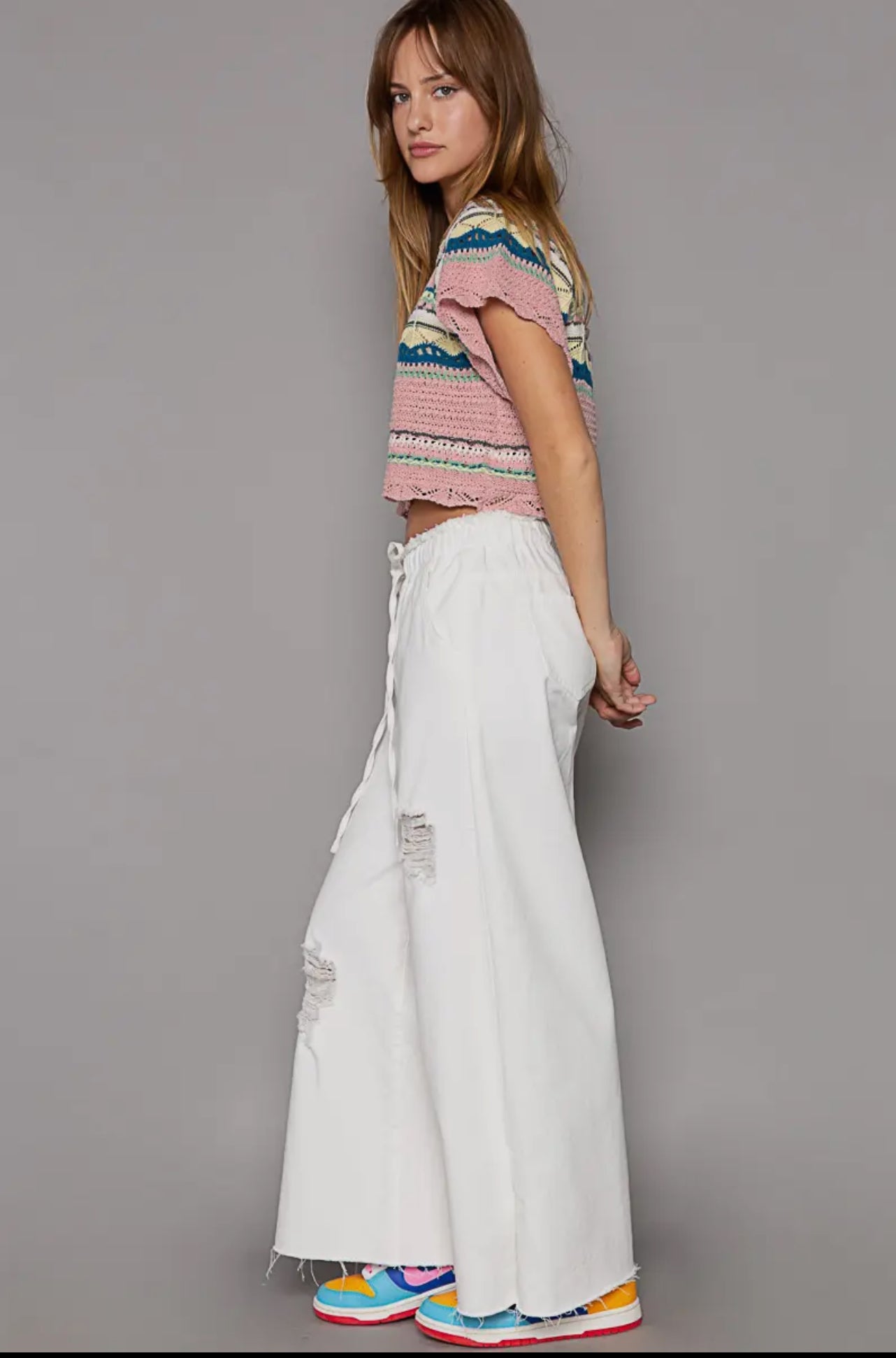 POL Off White Drawstring Distressed Wide Leg Denim Pants