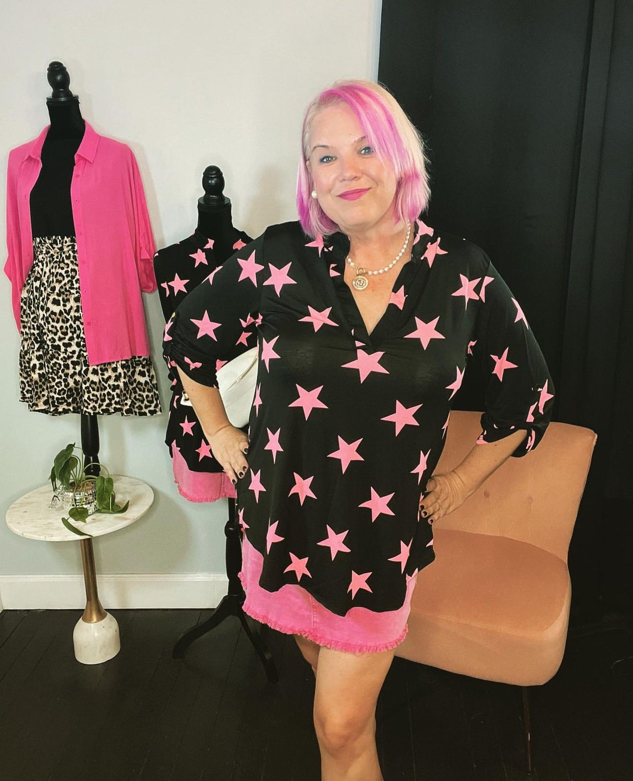 Heimish Bulgari Knit Black with Hot Pink Stars Top