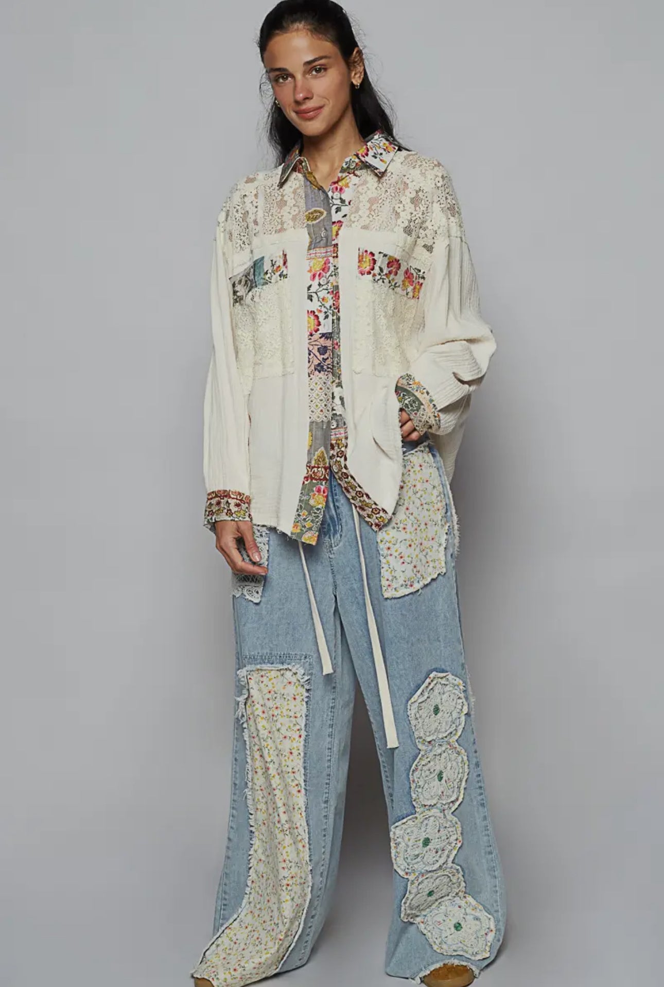 POL Ivory Multi Lace Patchwork Floral Trim Double Gauze Long Sleeve Shirt Ivory