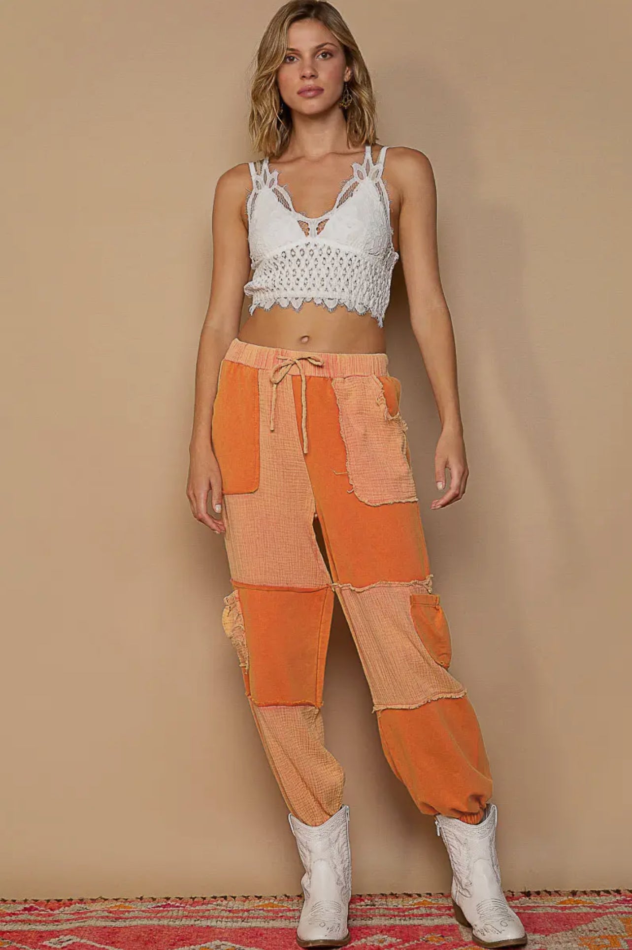 POL Chill Red Drawstring Pocketed Contrast Linen Cargo Jogger Pants