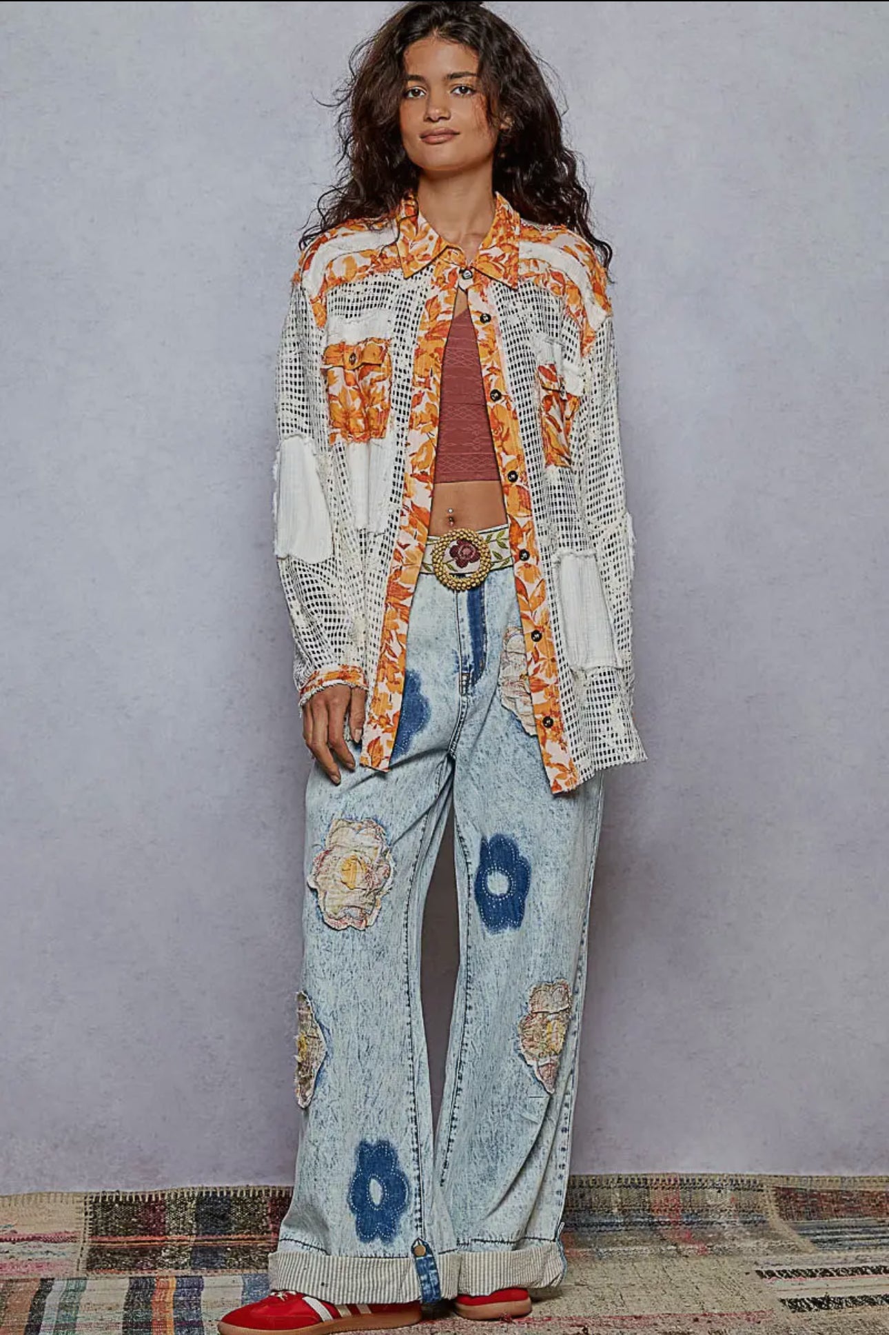 POL Balloon Sleeve Floral Print Crochet Lace Button Up Shirt